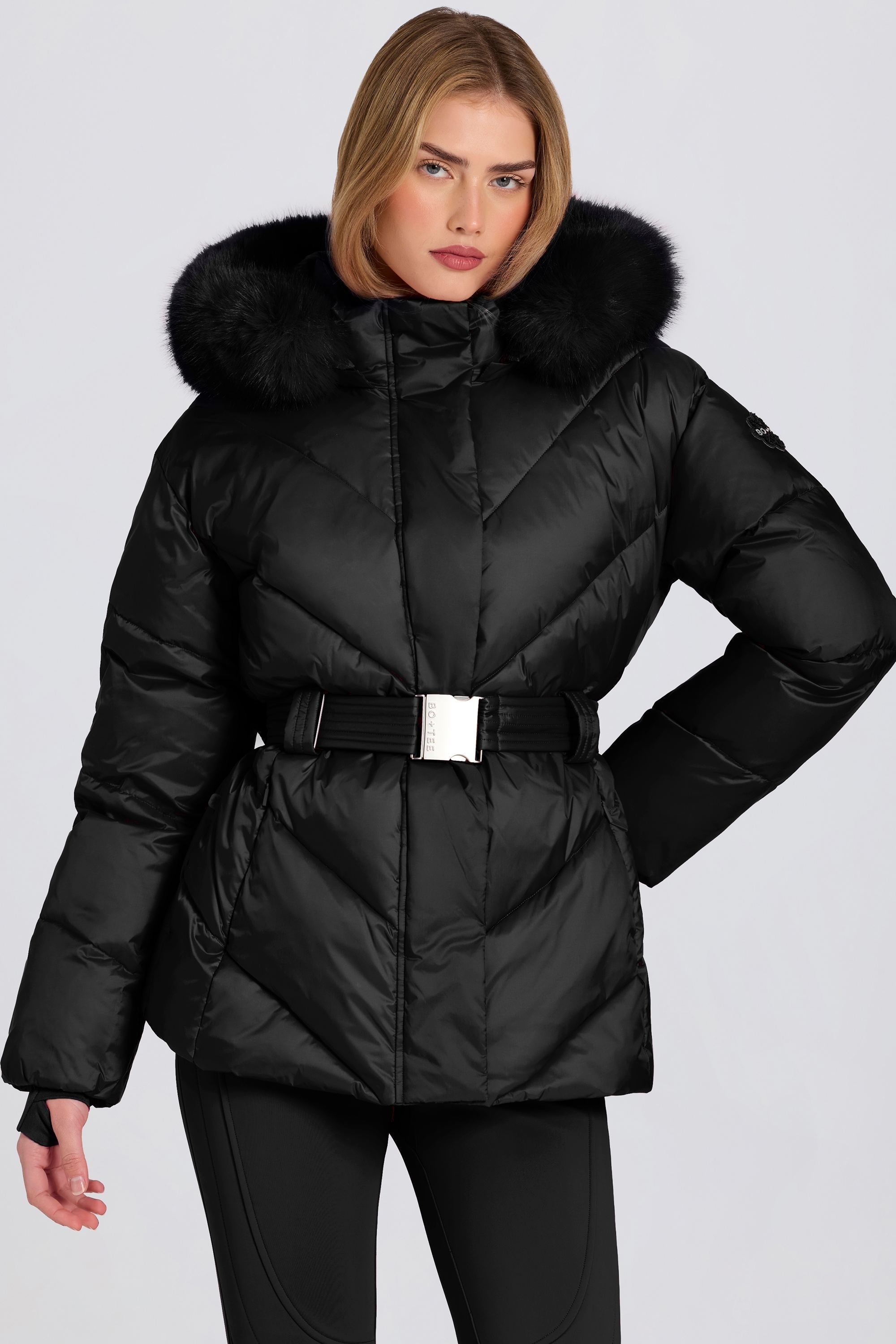 Waterproof Faux-Fur Hood Ski Jacket in Black