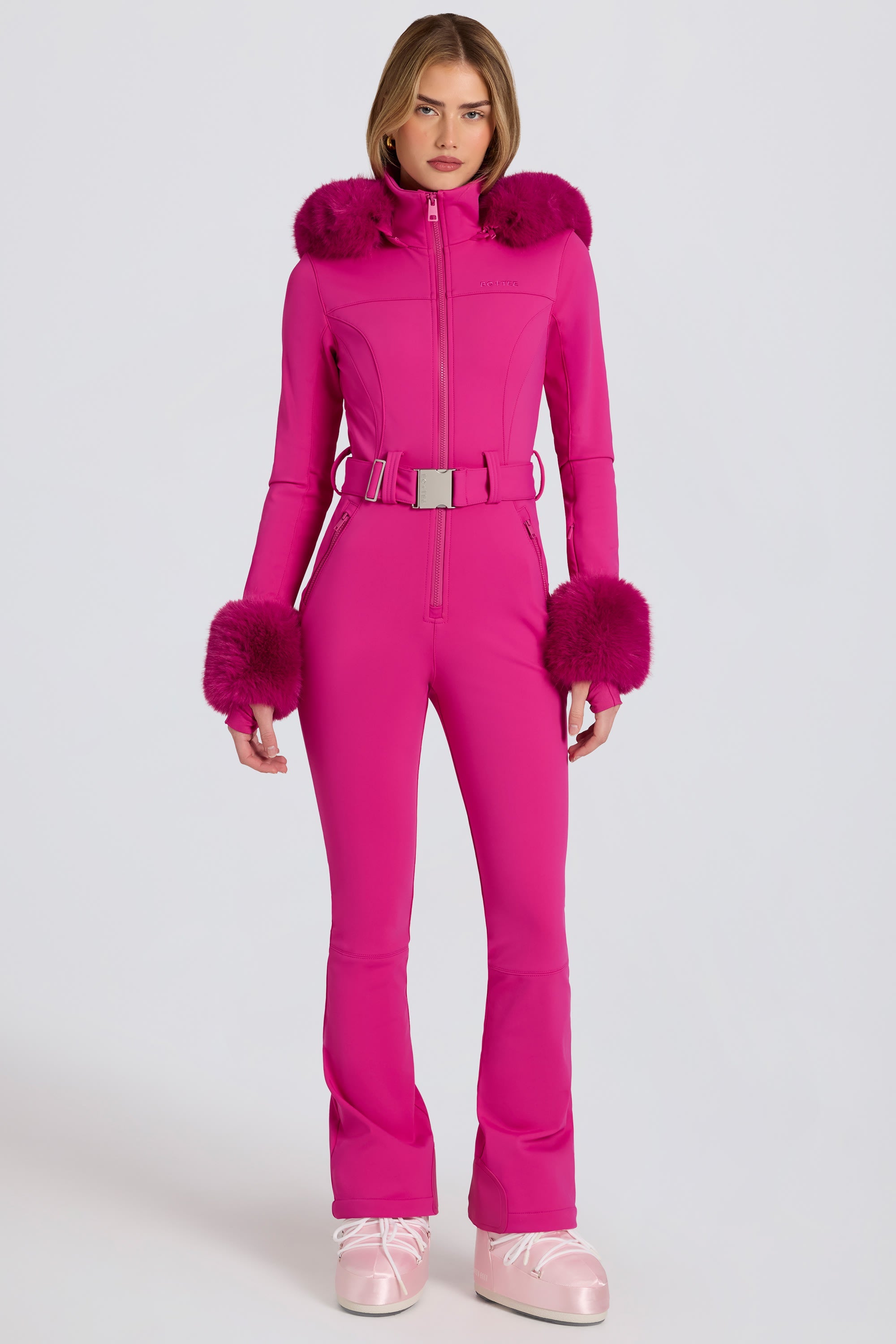 Waterproof Faux-Fur Hood Fitted Ski Suit in Magenta Pink