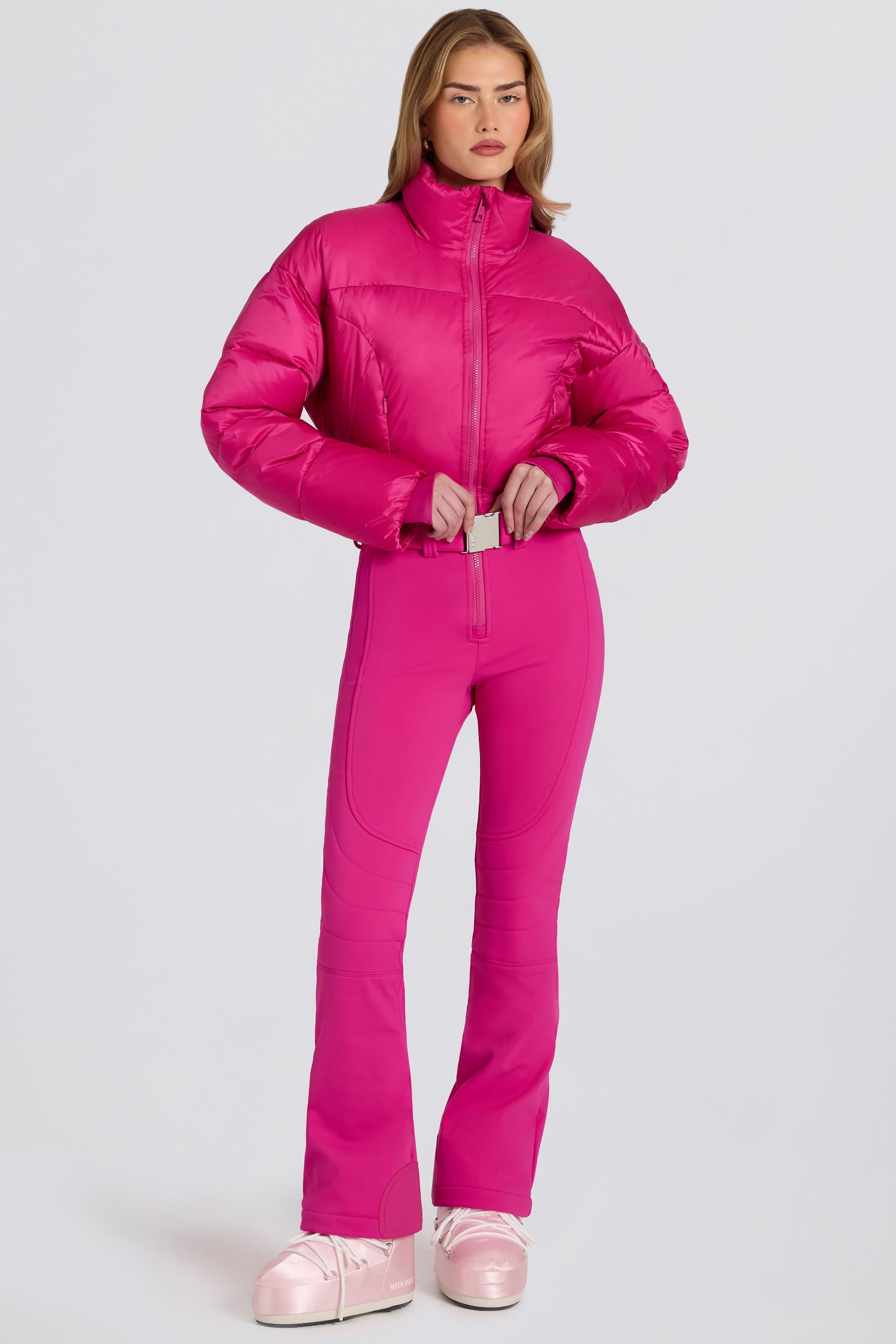 Waterproof Padded Belted Ski Suit in Magenta Pink