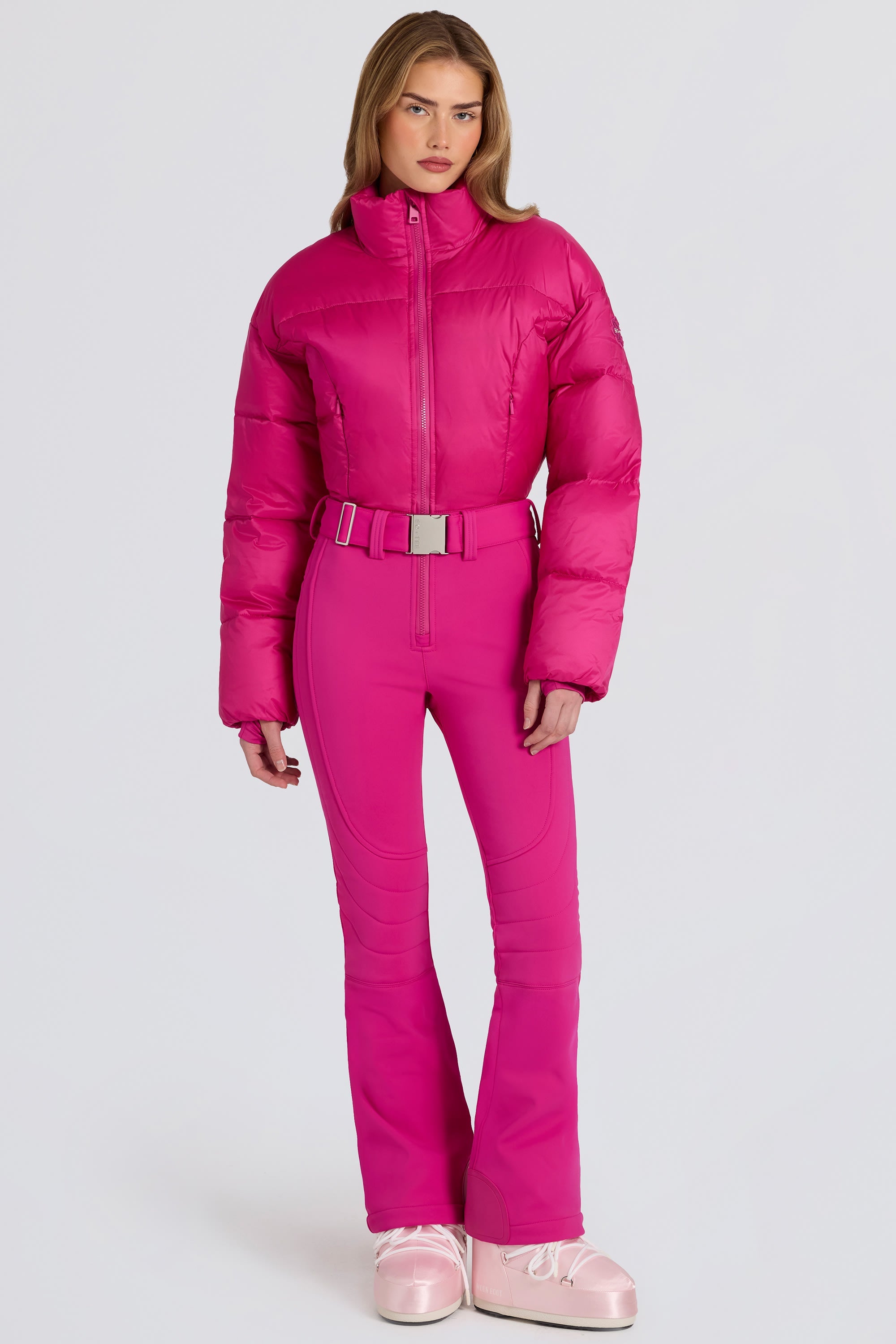 Waterproof Padded Belted Ski Suit in Magenta Pink