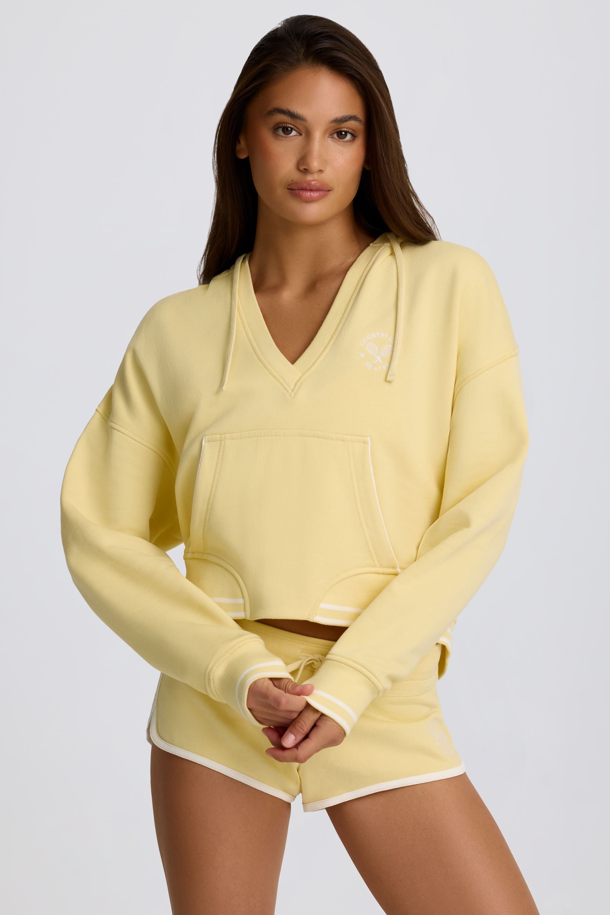 Cotton Jersey V-Neck Hoodie in Lemon