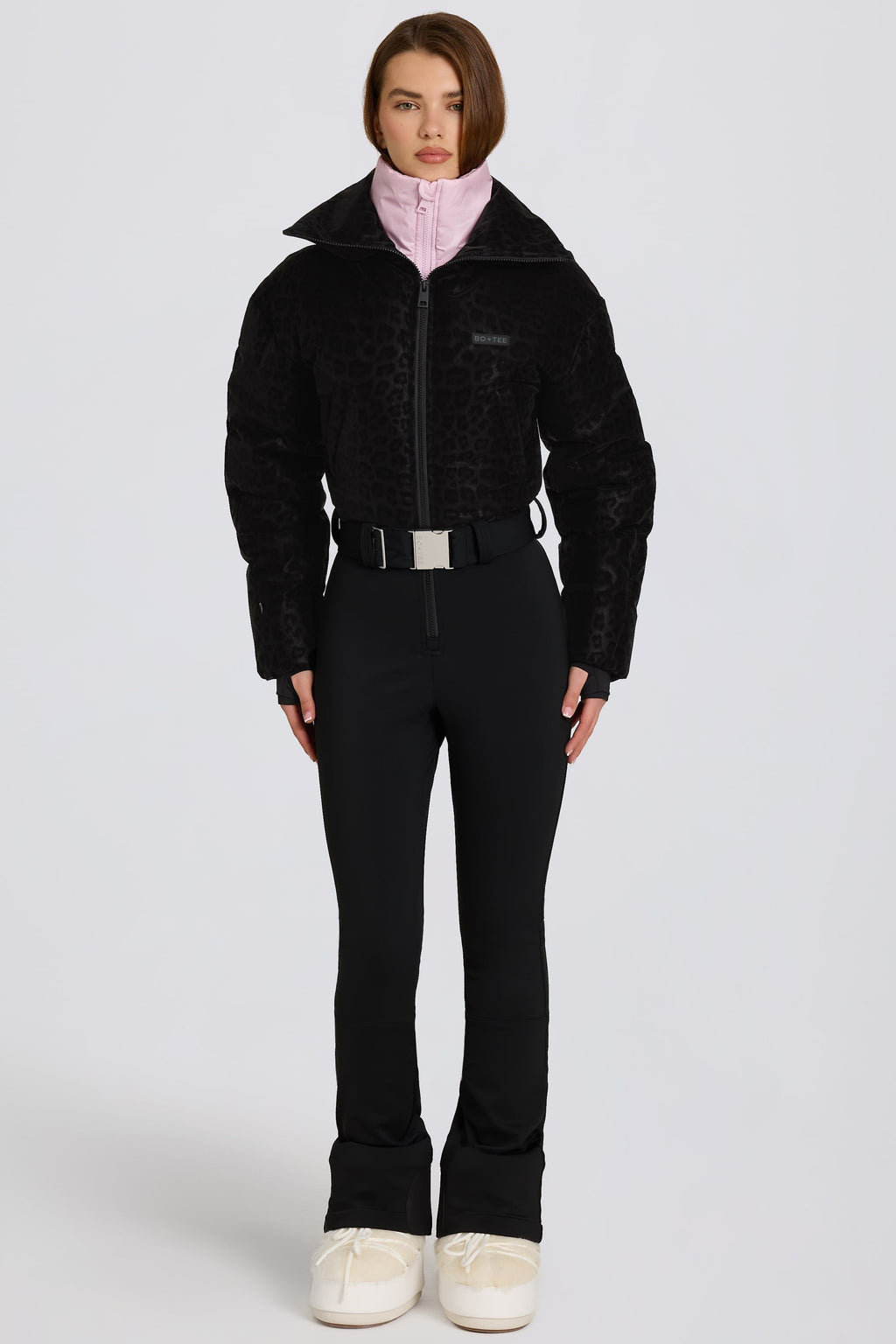 Waterproof Belted Layered Ski Suit in Black Leopard