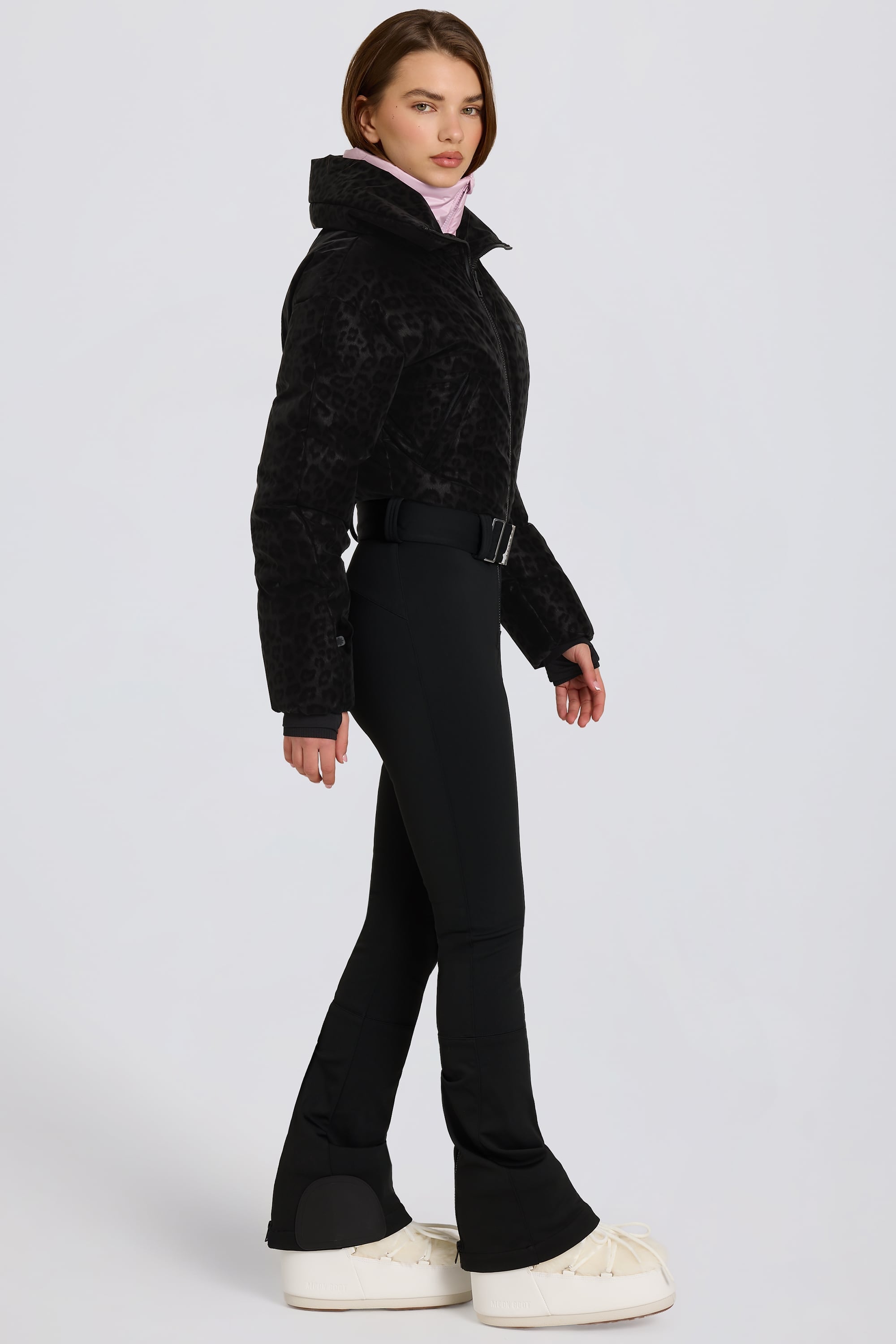 Waterproof Belted Layered Ski Suit in Black Leopard