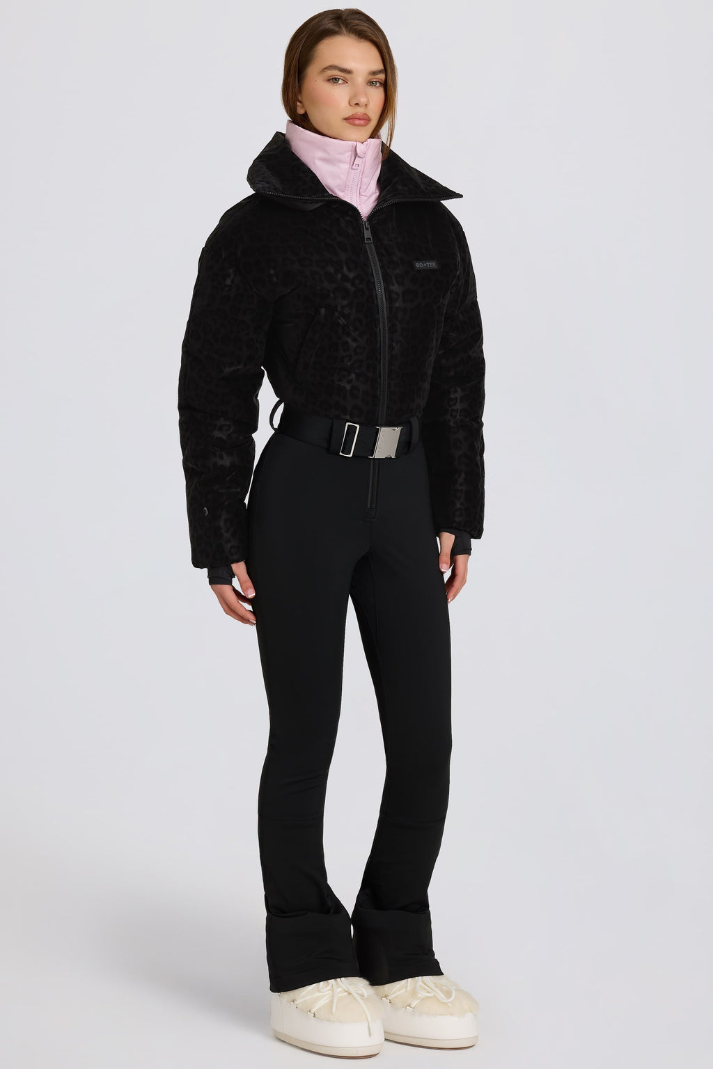 Waterproof Belted Layered Ski Suit in Black Leopard