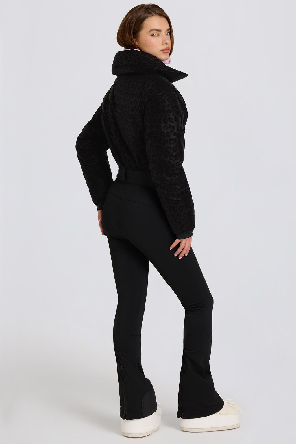 Waterproof Belted Layered Ski Suit in Black Leopard