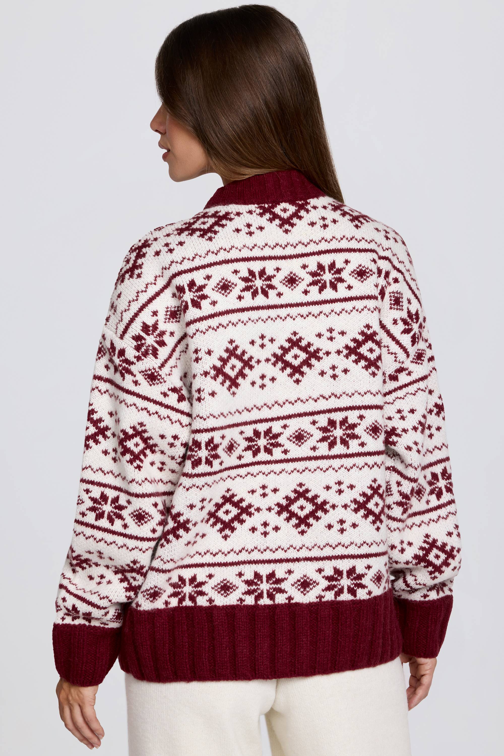 Jacquard-Knit Oversized Jumper in Crimson Red