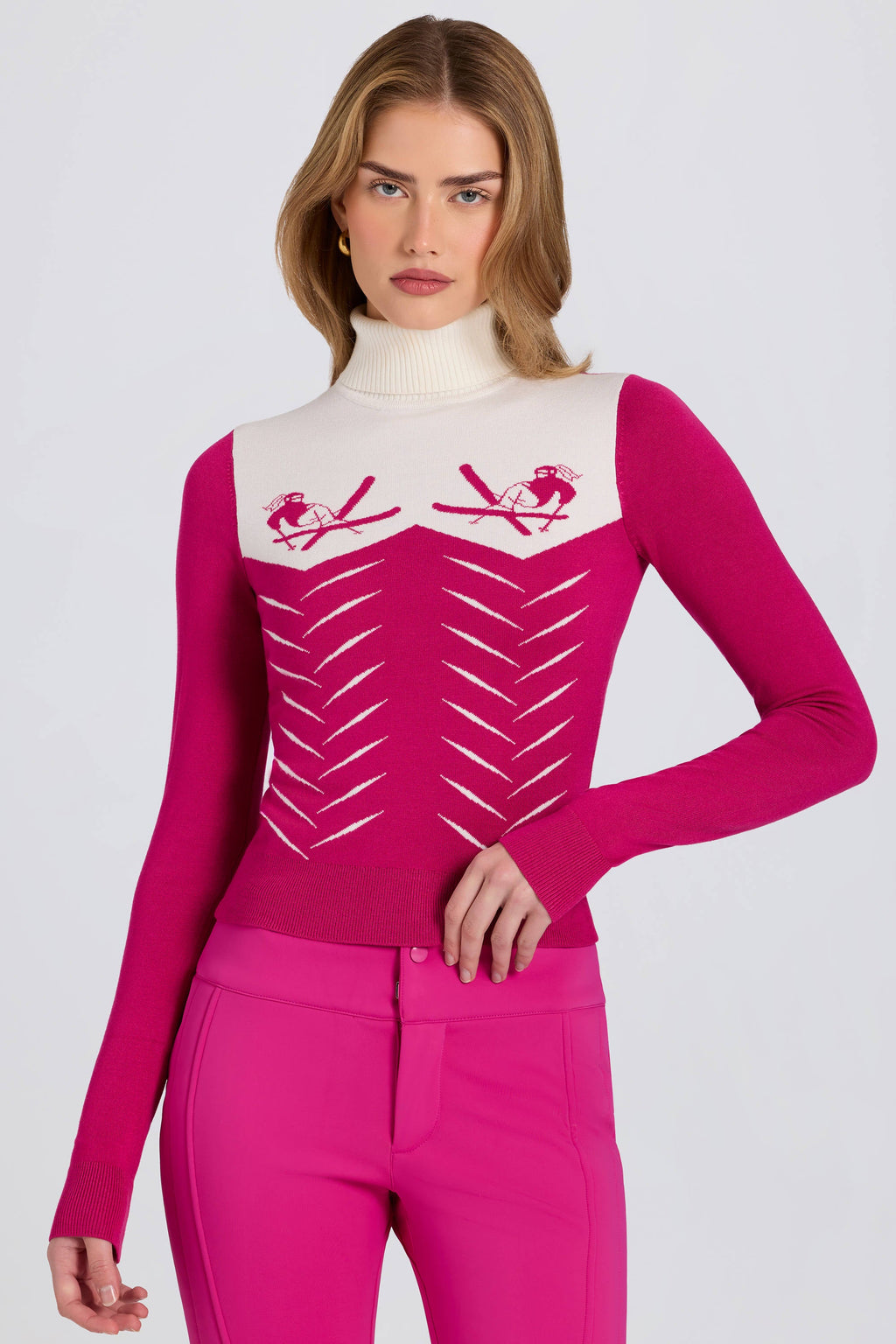 Knit Long-Sleeve Fitted Top in Magenta Pink