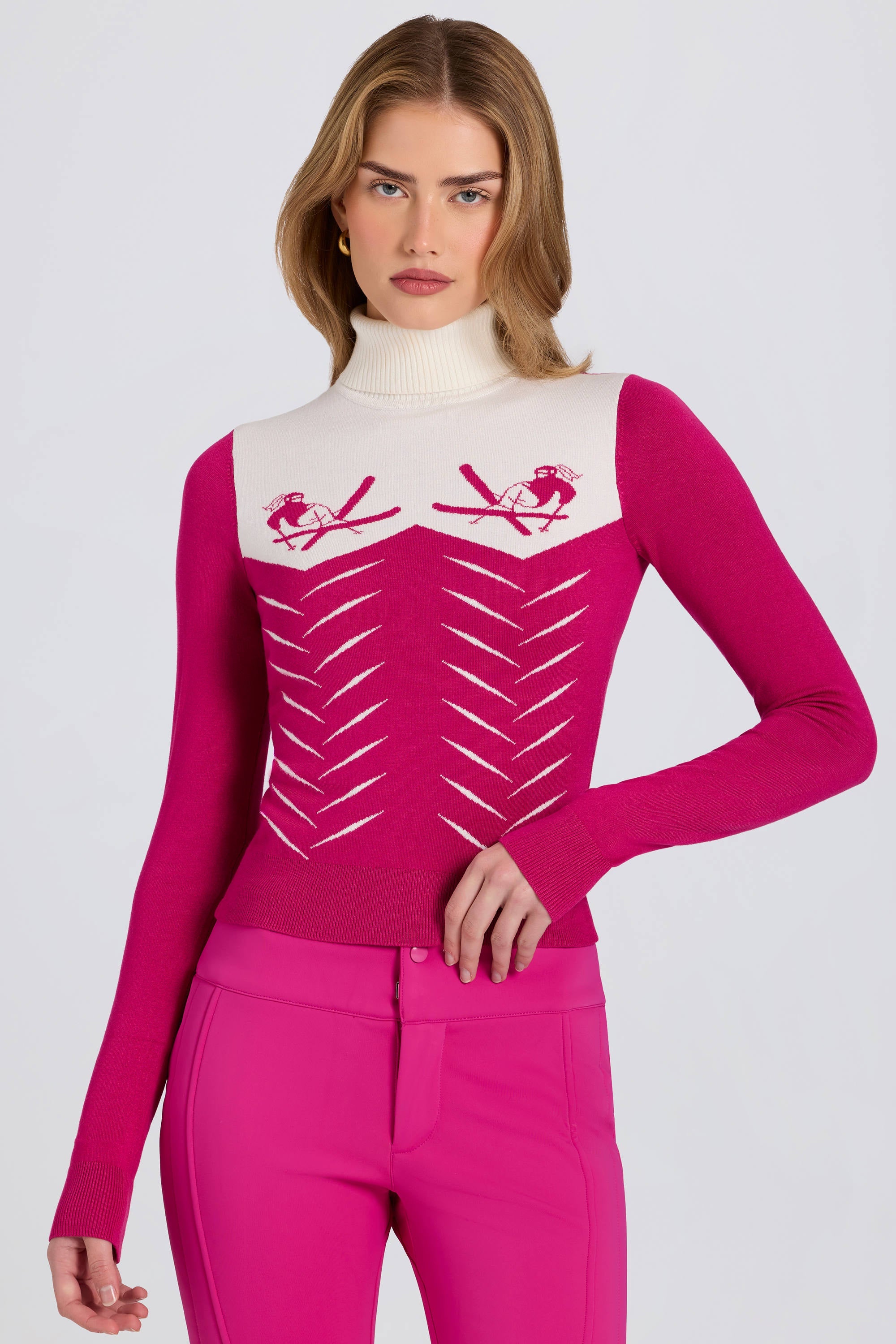 Knit Long-Sleeve Fitted Top in Magenta Pink