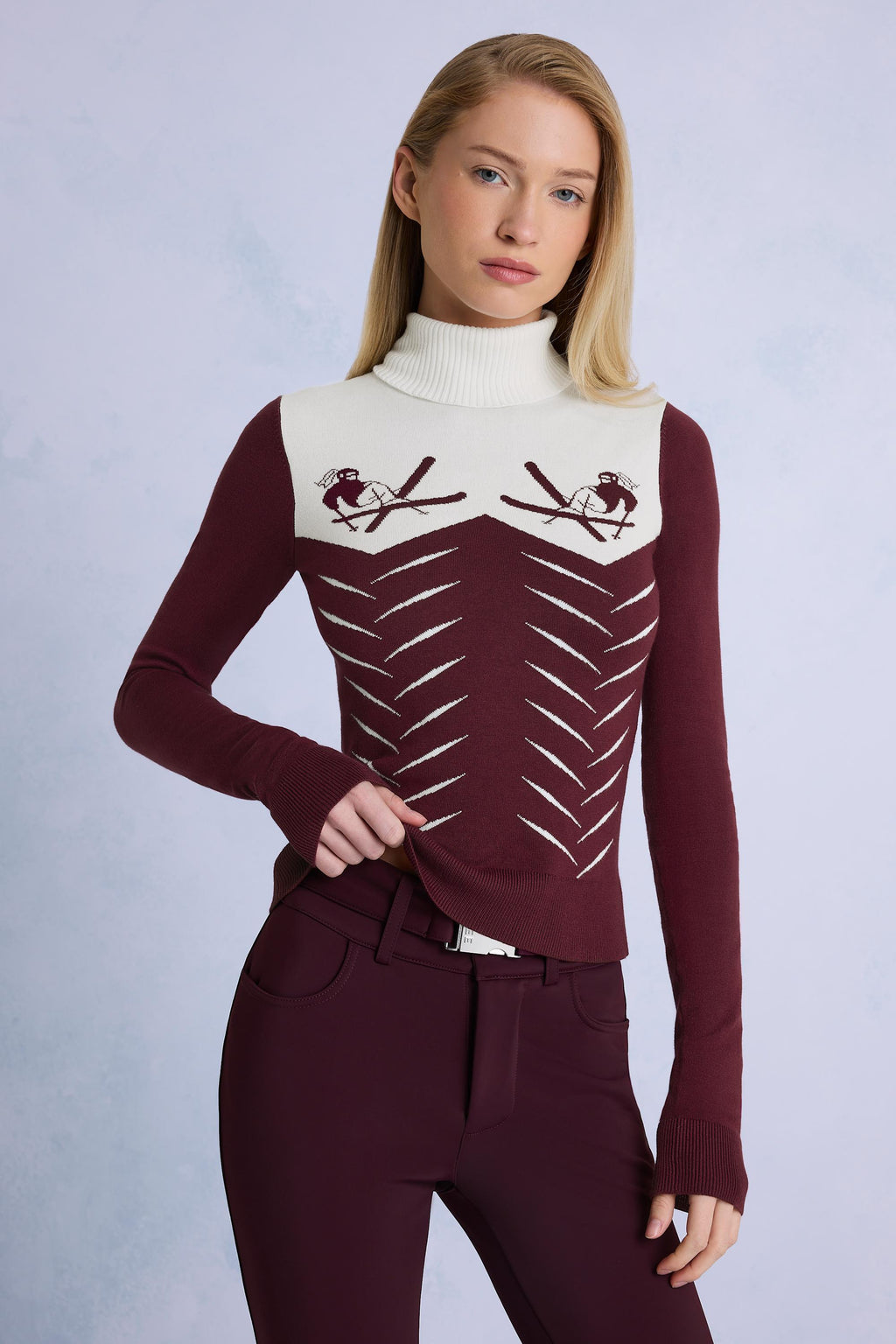 Knit Long-Sleeve Fitted Top in Burgundy