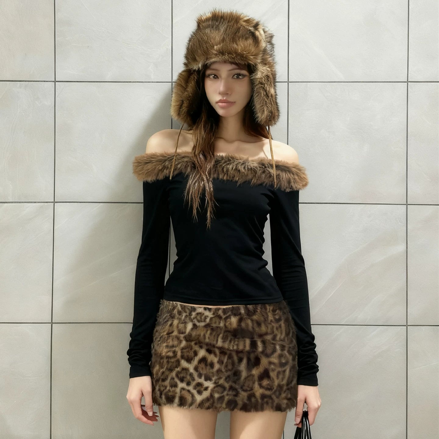 Nszdy | Autumn & Winter Hot Girl One-Shoulder Fur Collar Long-Sleeve Top with Leopard Print Hip Skirt