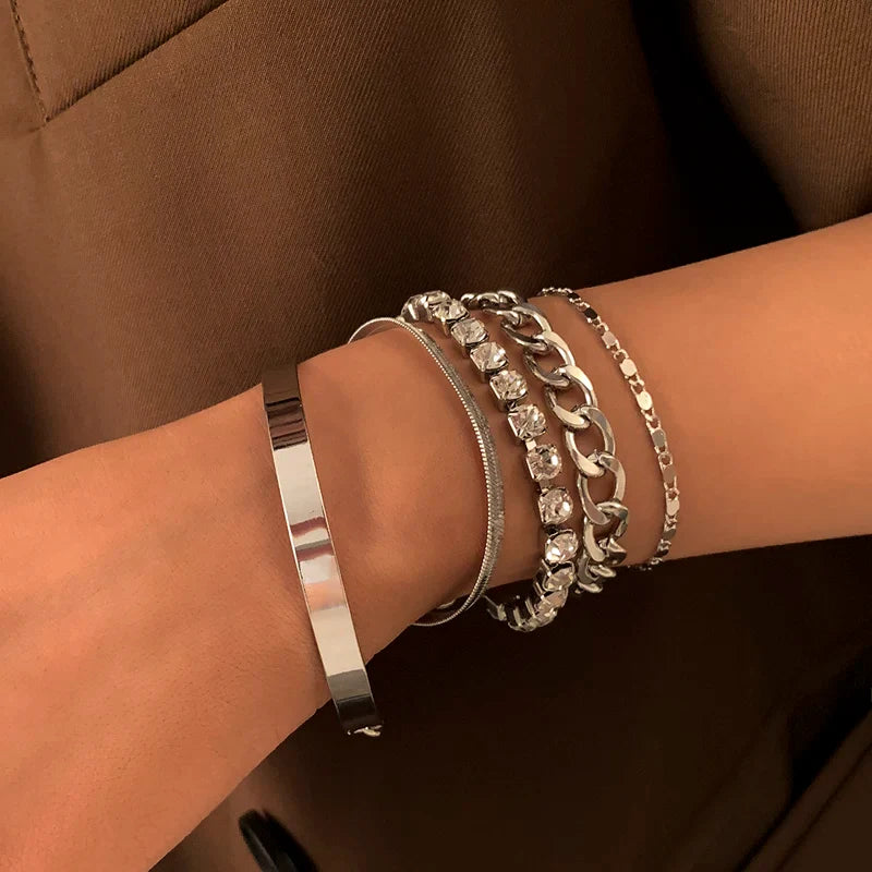 Gzixy | 5-Piece Layered Shiny Bracelets for Women – Versatile European Style Hand Jewelry