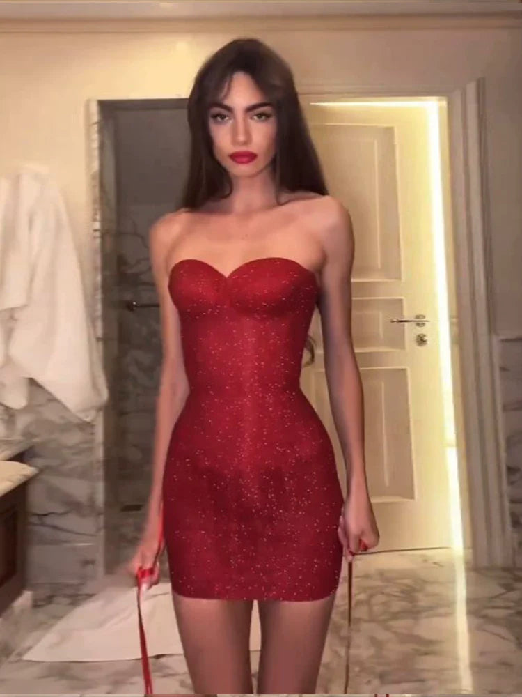 Nszdy | Red Glitter Tube Top Short Dress for Women – Slim-Fit Party Mini Dress
