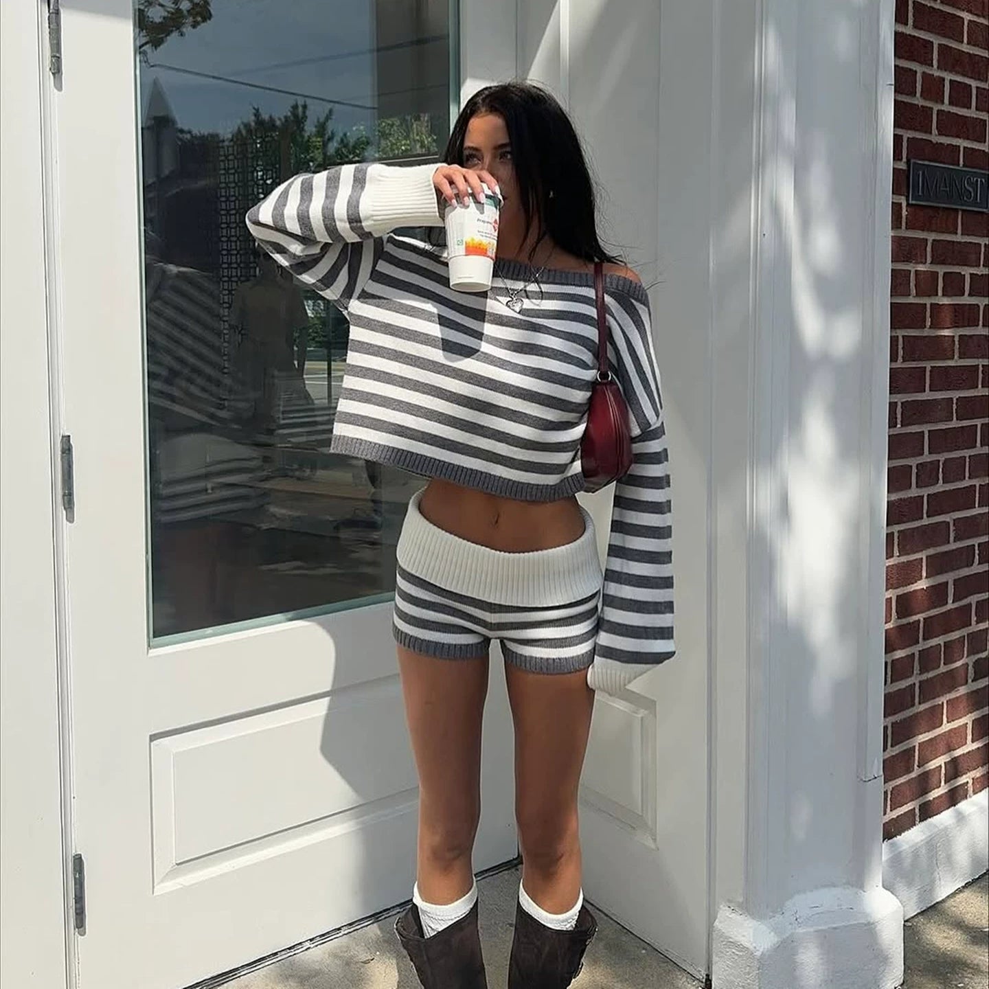 Nszdy | American Street Style One-Shoulder Sweater and Cuffed Shorts Striped Set for Women