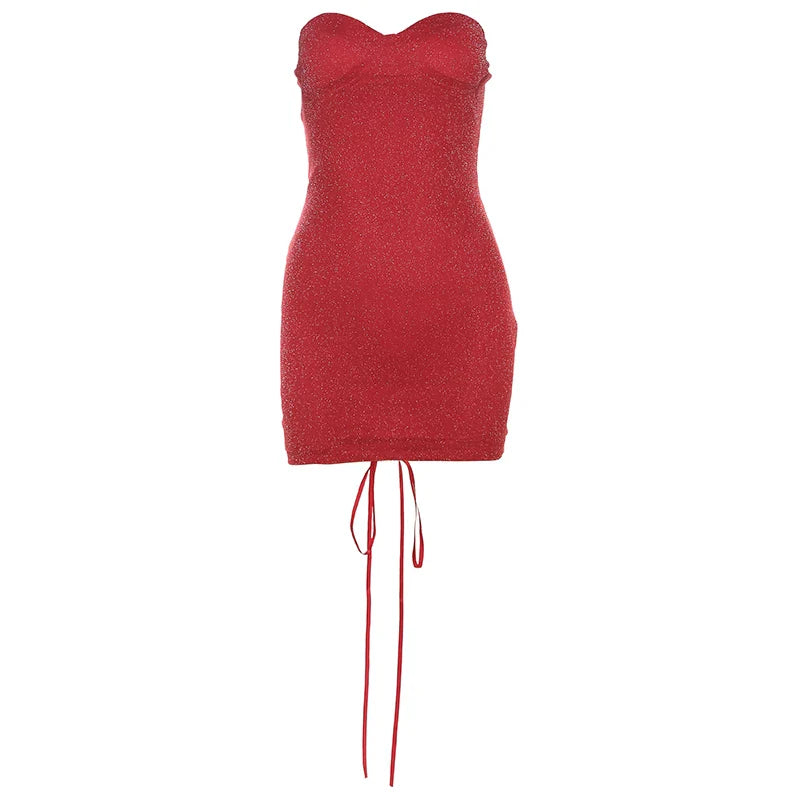 Nszdy | Red Glitter Tube Top Short Dress for Women – Slim-Fit Party Mini Dress
