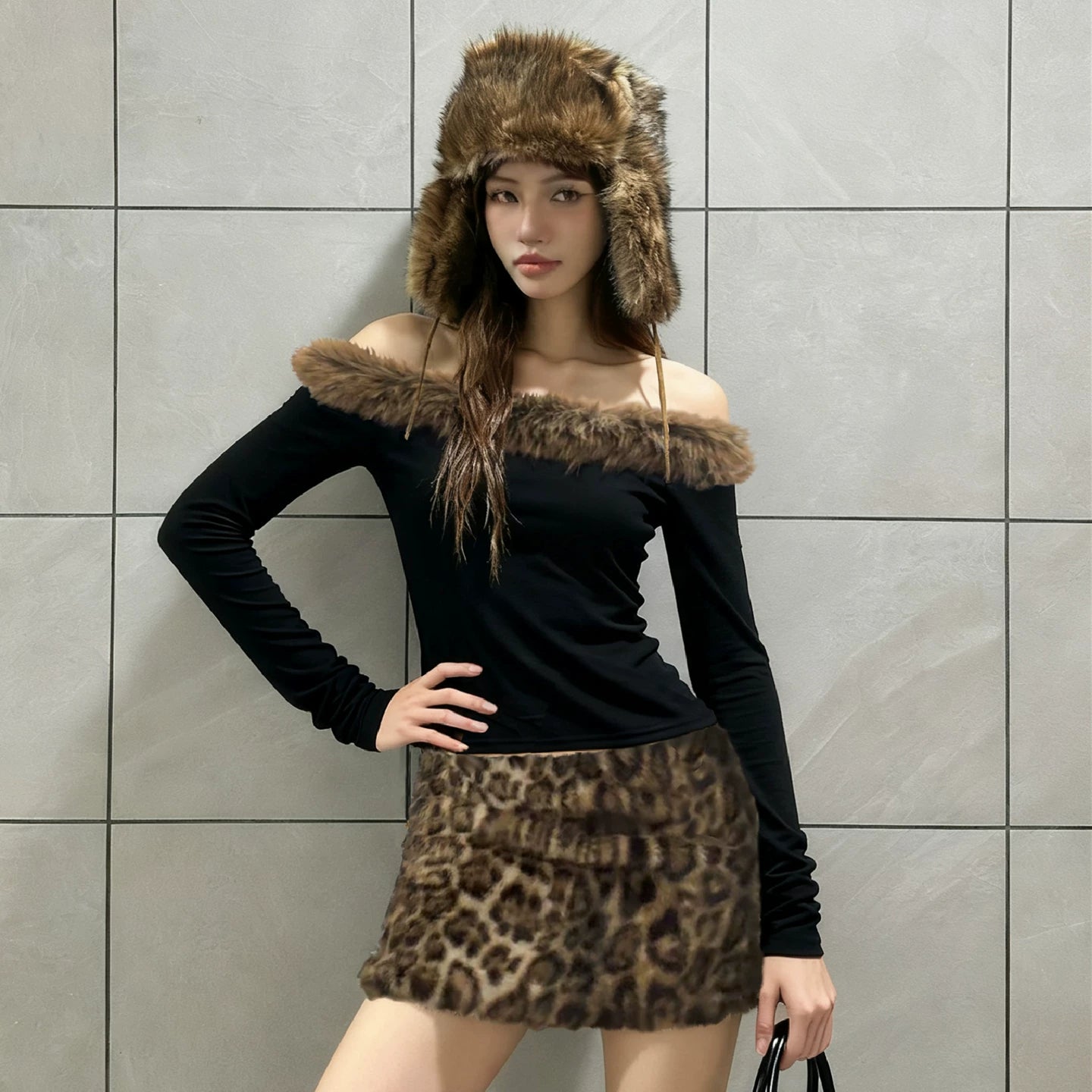 Nszdy | Autumn & Winter Hot Girl One-Shoulder Fur Collar Long-Sleeve Top with Leopard Print Hip Skirt
