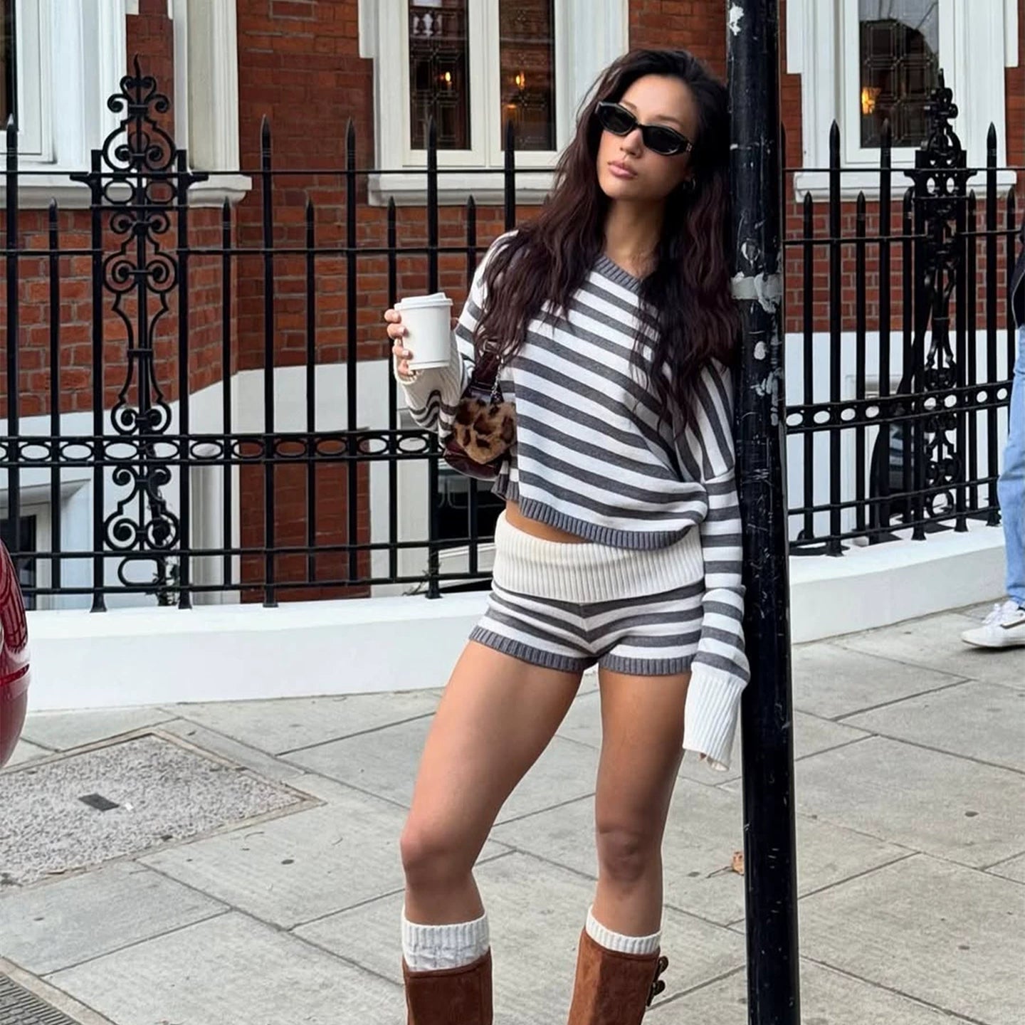 Nszdy | American Street Style One-Shoulder Sweater and Cuffed Shorts Striped Set for Women