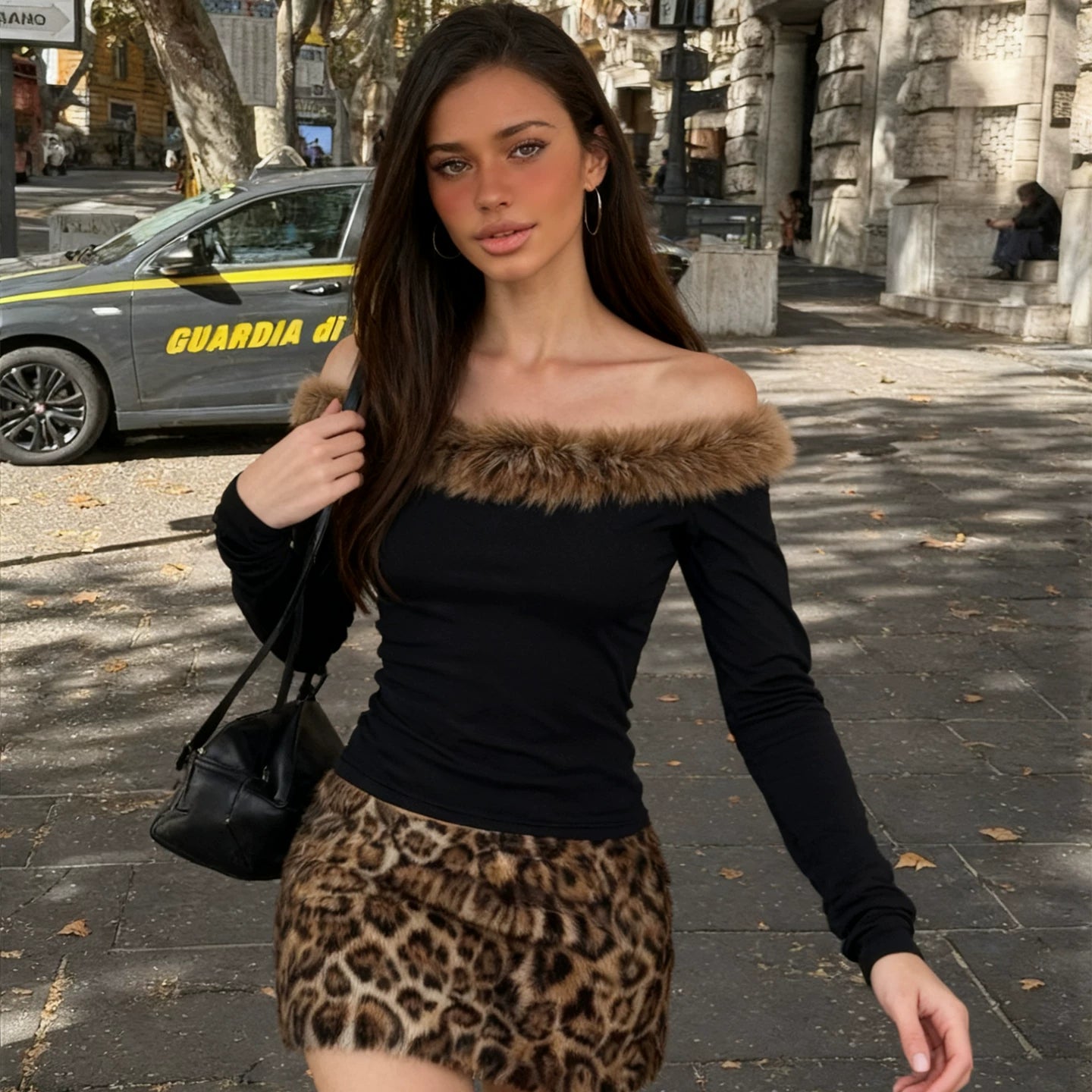 Nszdy | Autumn & Winter Hot Girl One-Shoulder Fur Collar Long-Sleeve Top with Leopard Print Hip Skirt