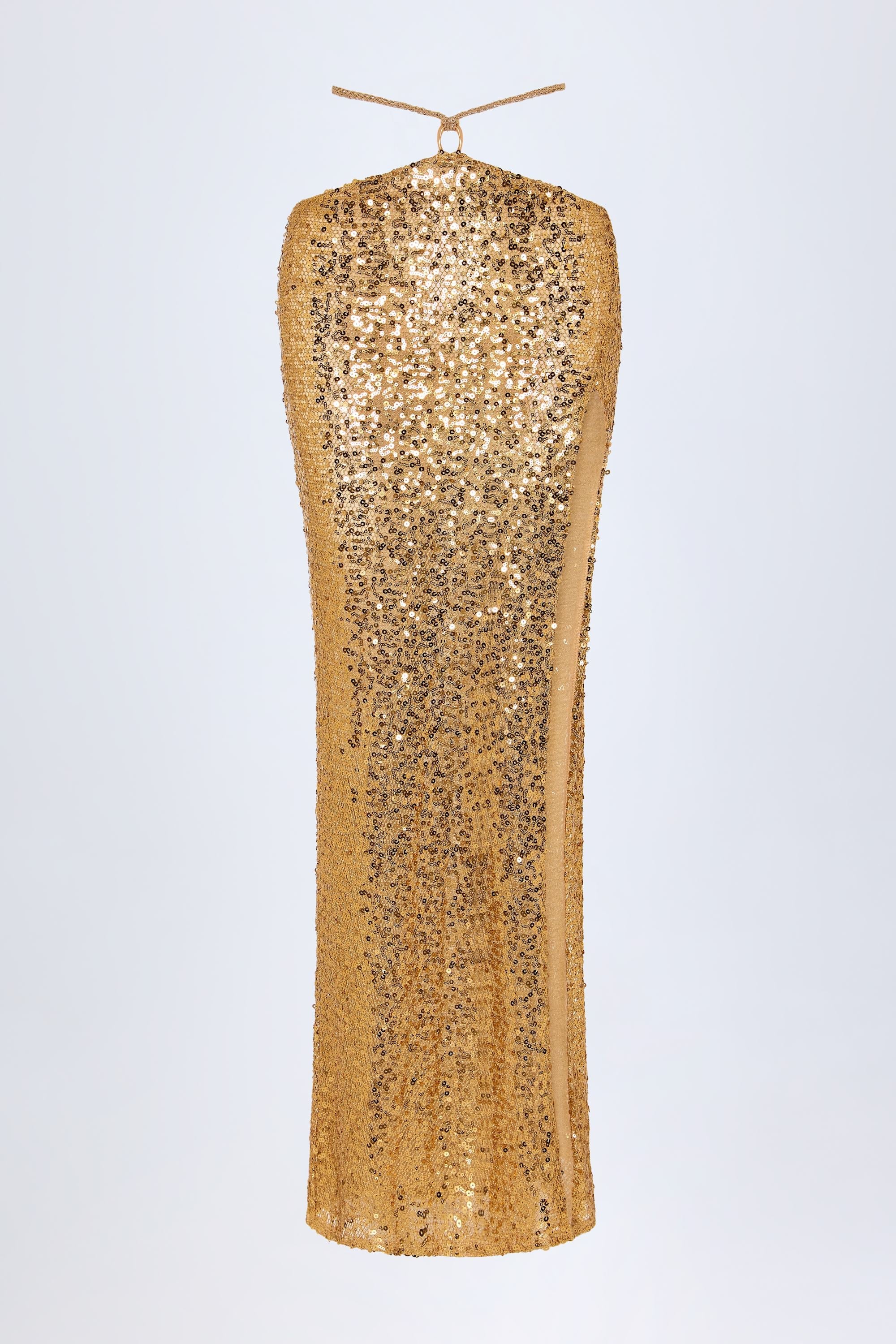 Embellished Hardware-Detail Strappy Maxi Skirt in Gold