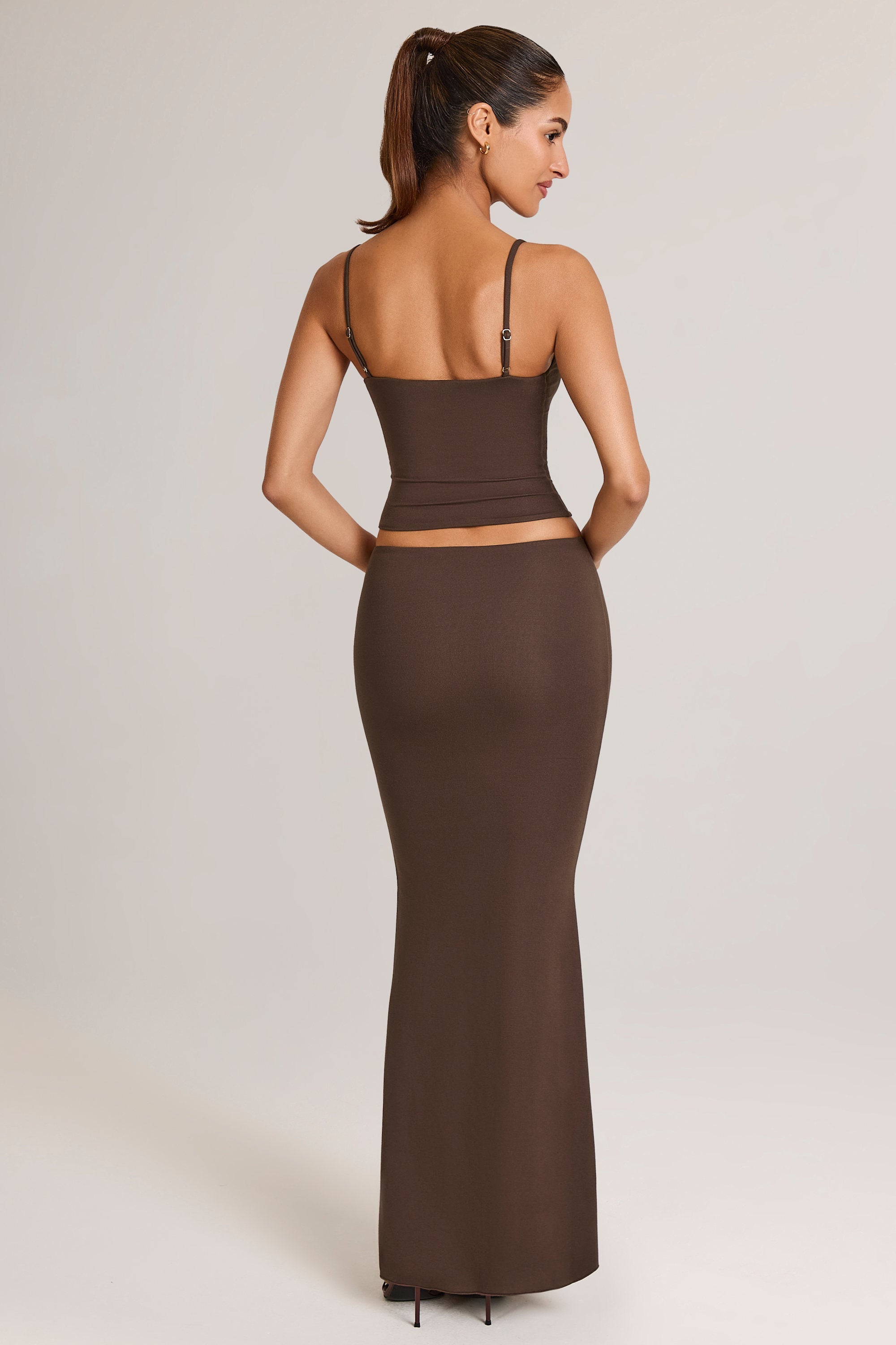 Modal Mid-Rise Fishtail Maxi Skirt in Chocolate Brown
