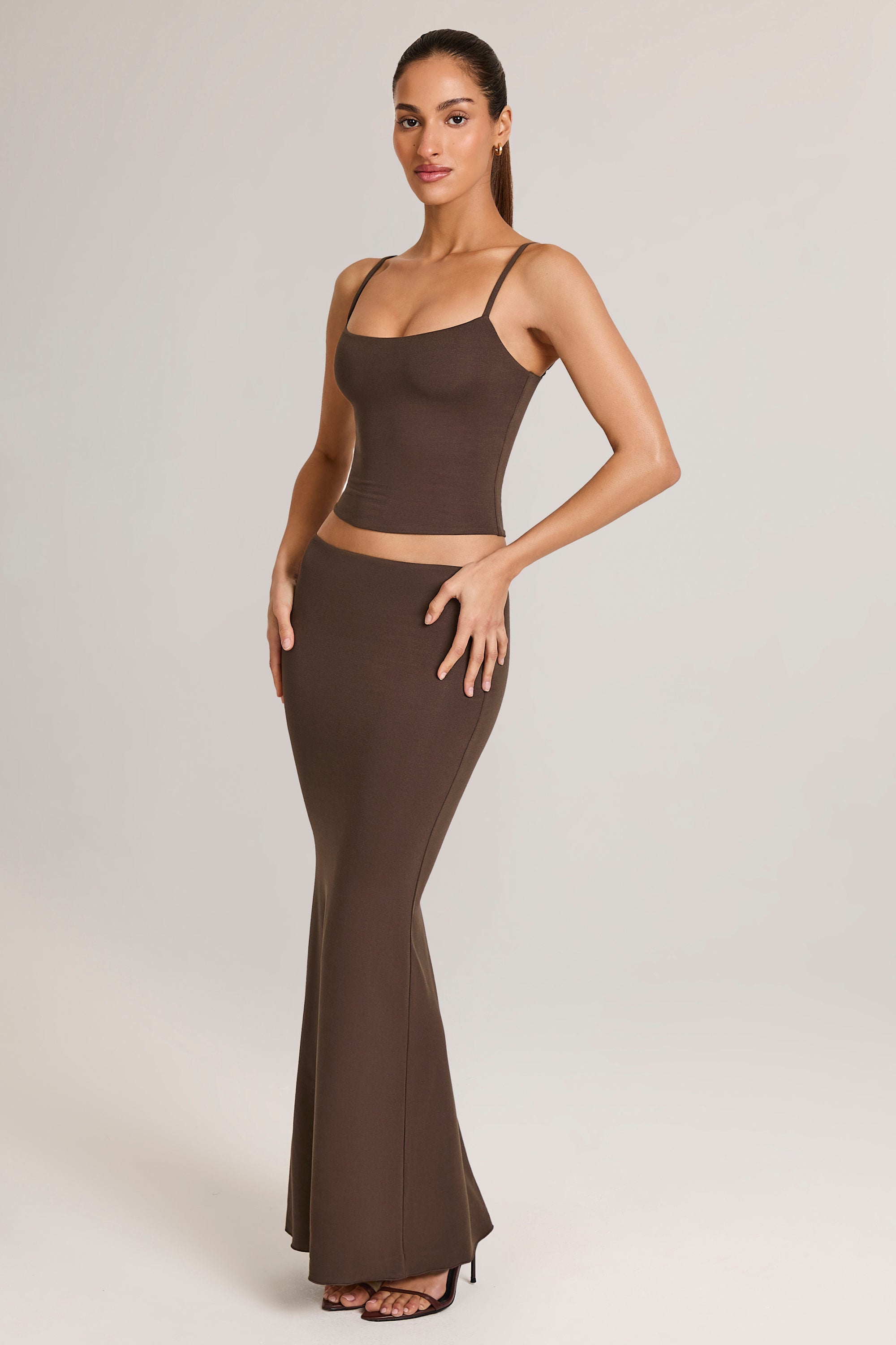 Modal Mid-Rise Fishtail Maxi Skirt in Chocolate Brown