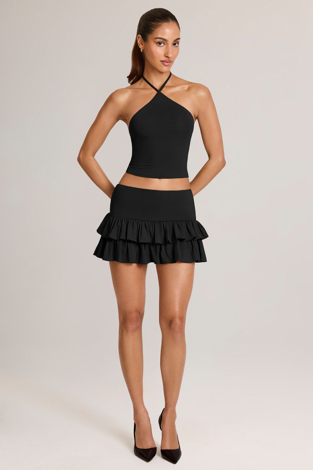 Modal Ruffle Mid-Rise Mini Skort in Black