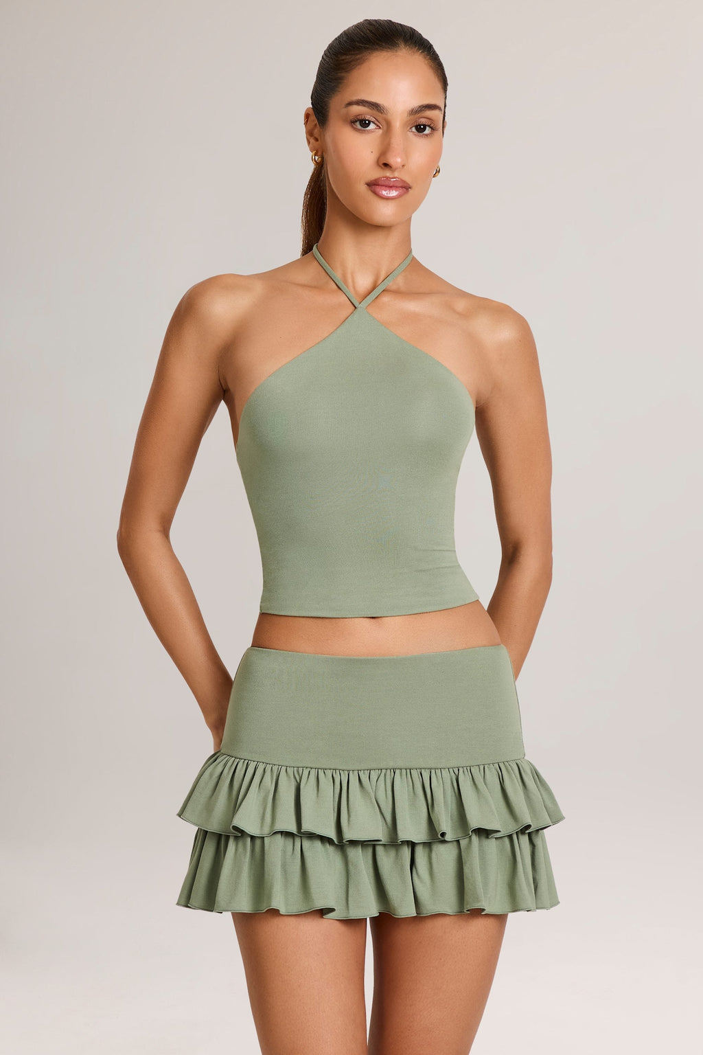 Modal Ruffle Mid-Rise Mini Skort in Sage Green