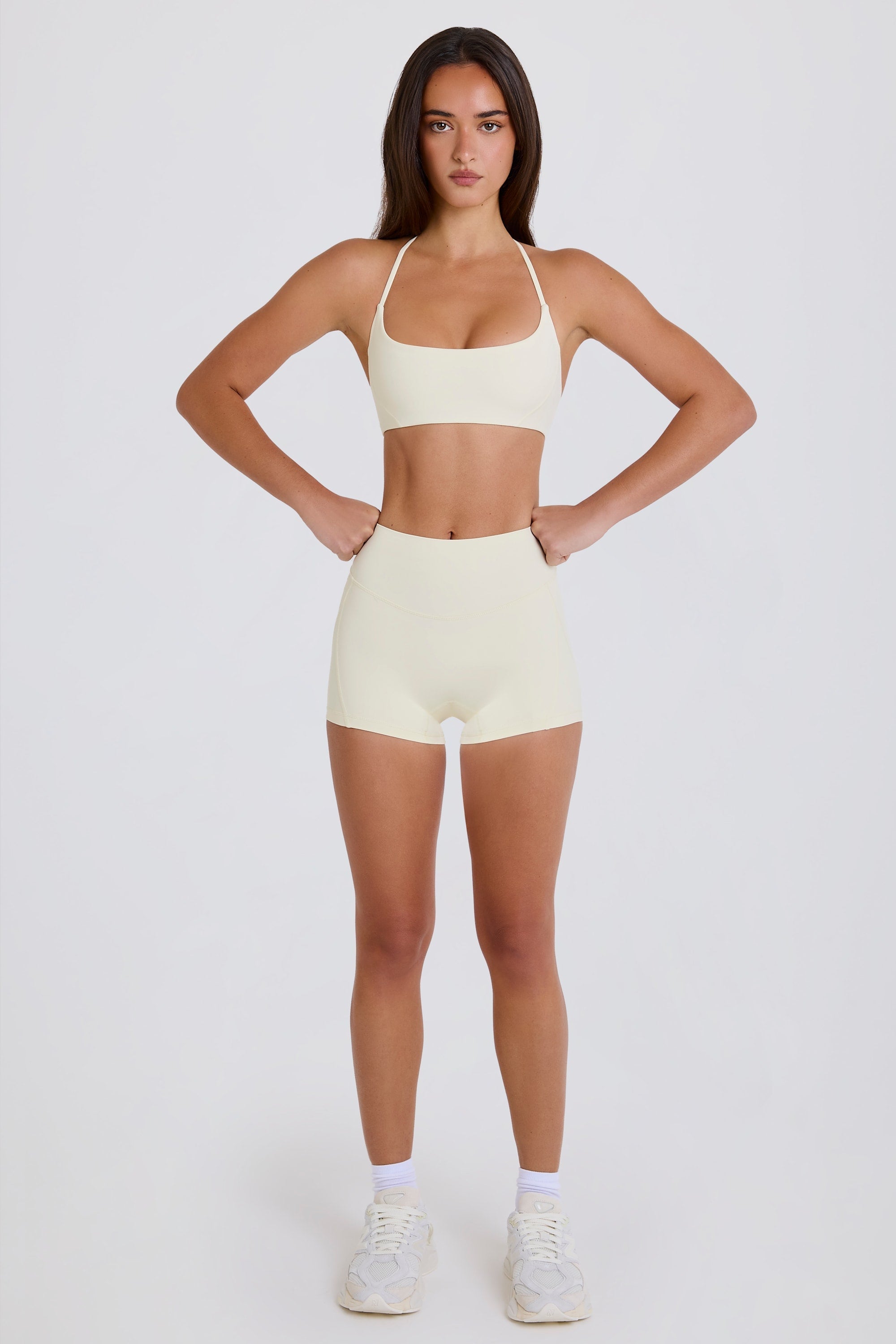 Four-Way Stretch High-Waist Mini Shorts in Cream