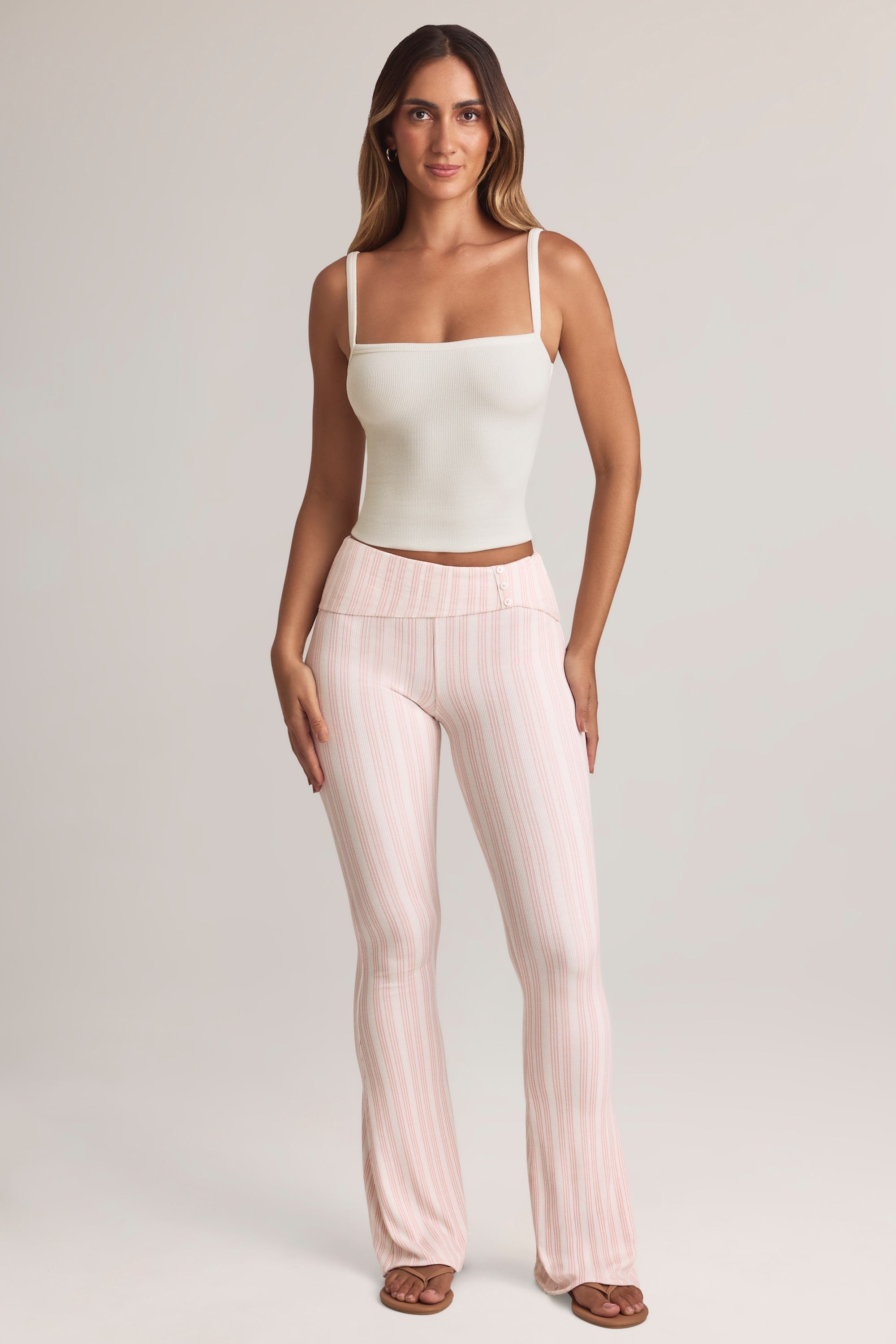 Modal Foldover Mid-Rise Flared Trousers in Stripe Print