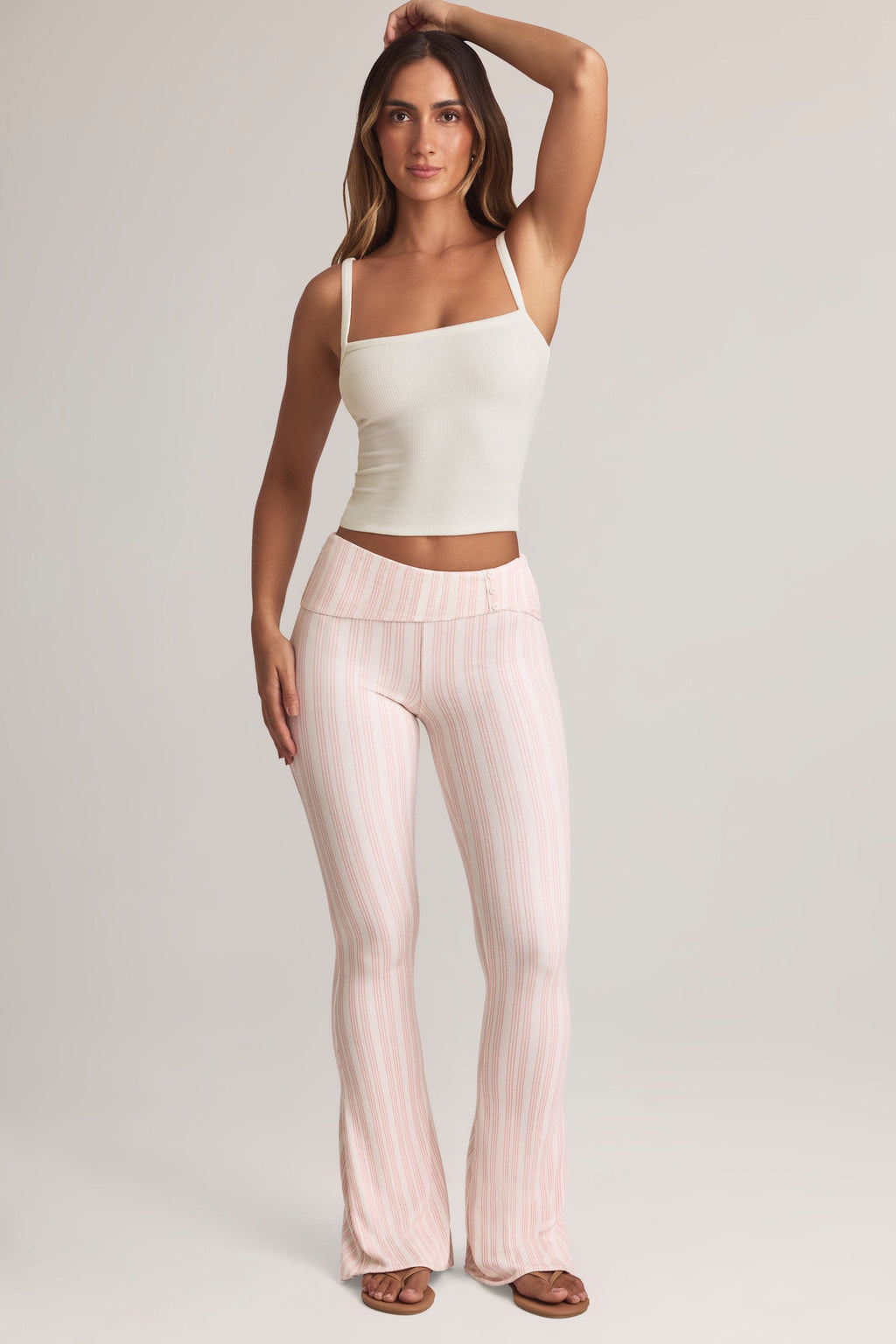 Modal Foldover Mid-Rise Flared Trousers in Stripe Print