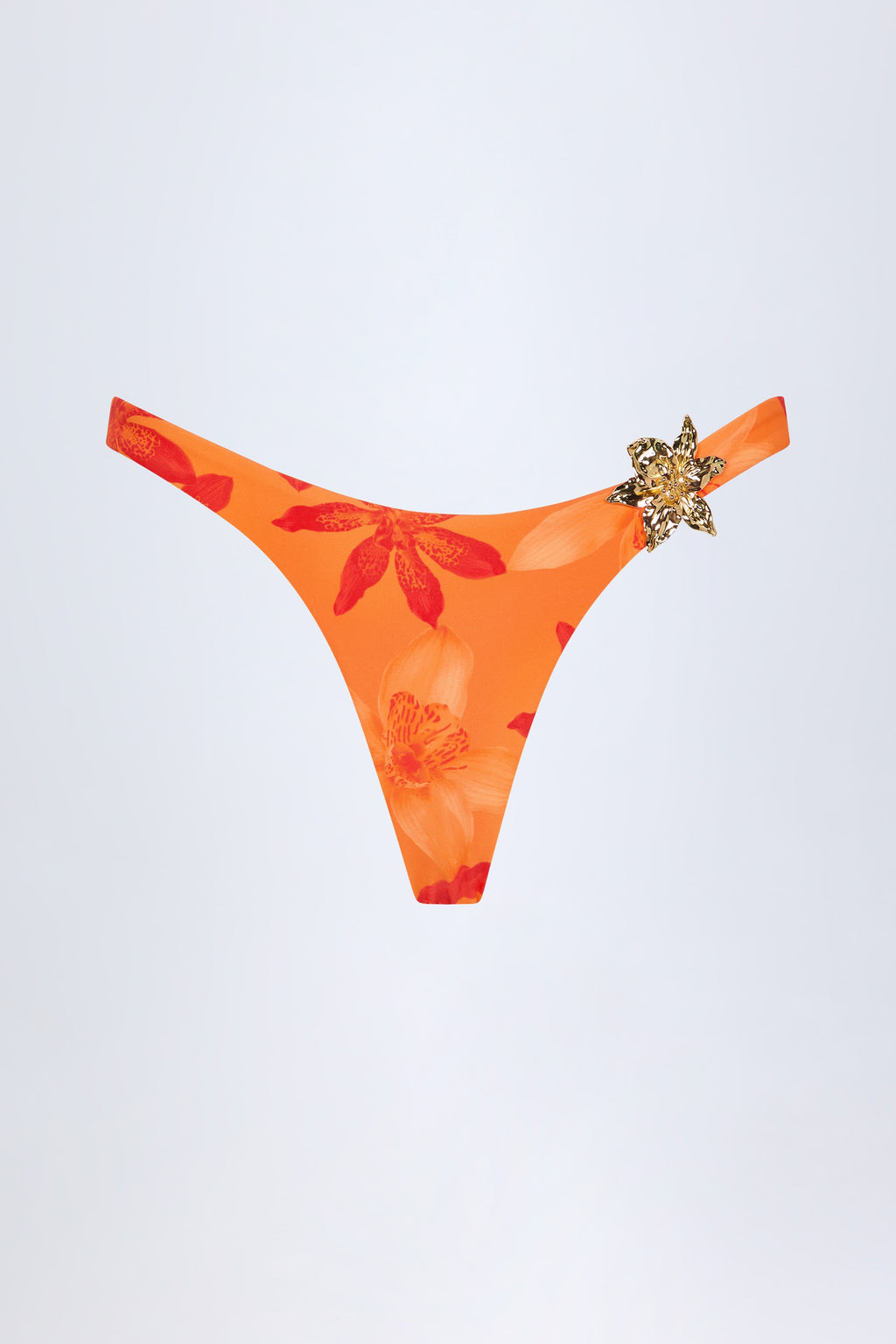 Hardware-Detail Cheeky Bikini Bottoms in Orange Orchid Print