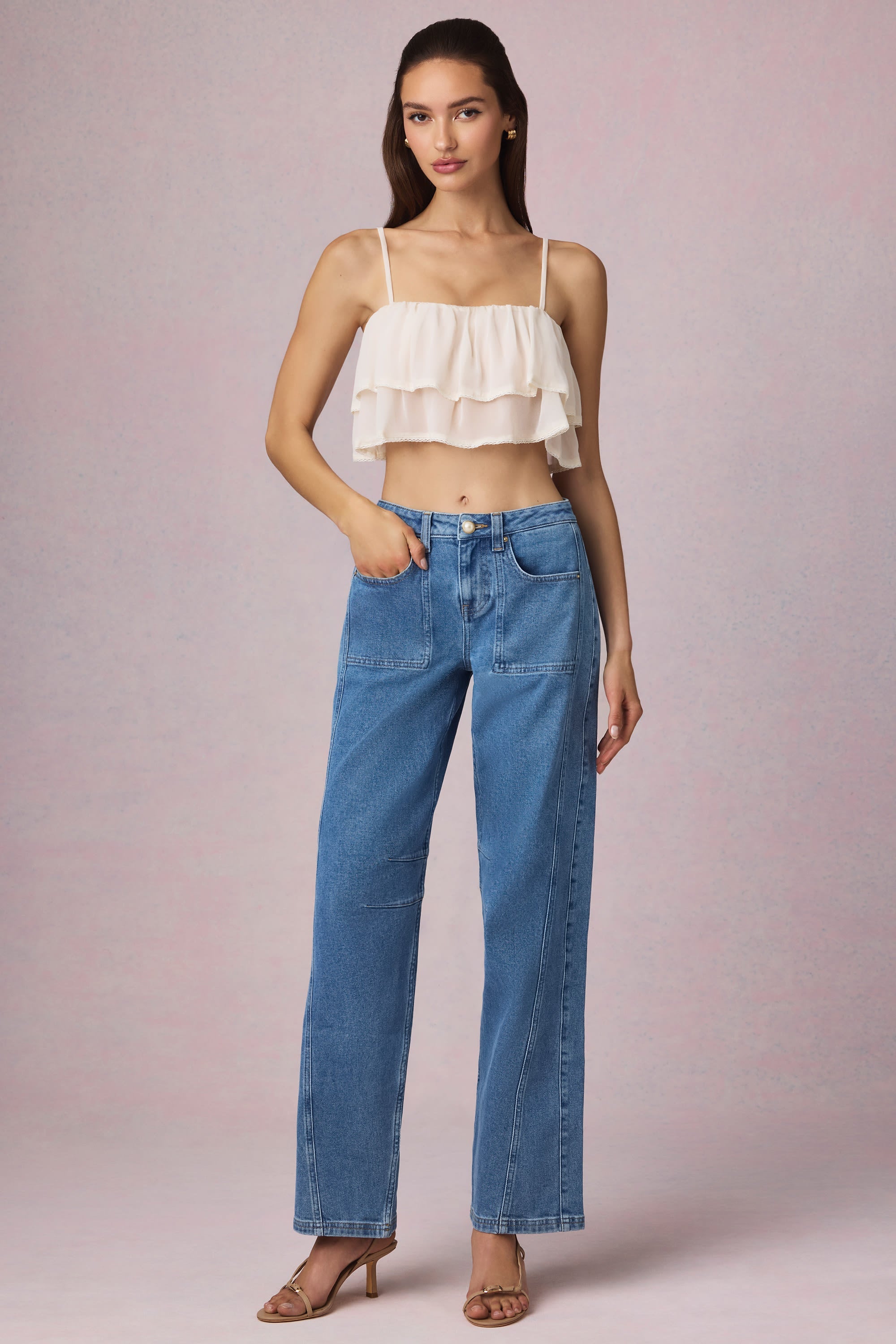 Mid-Rise Barrel-Leg Jeans in Mid-Blue Wash