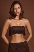 Fringed Bandeau Lace-up Crop Top in Chocolate Brown