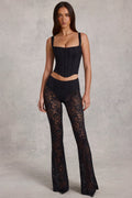 Sheer Lace Mid-Rise Flared Trousers in Black