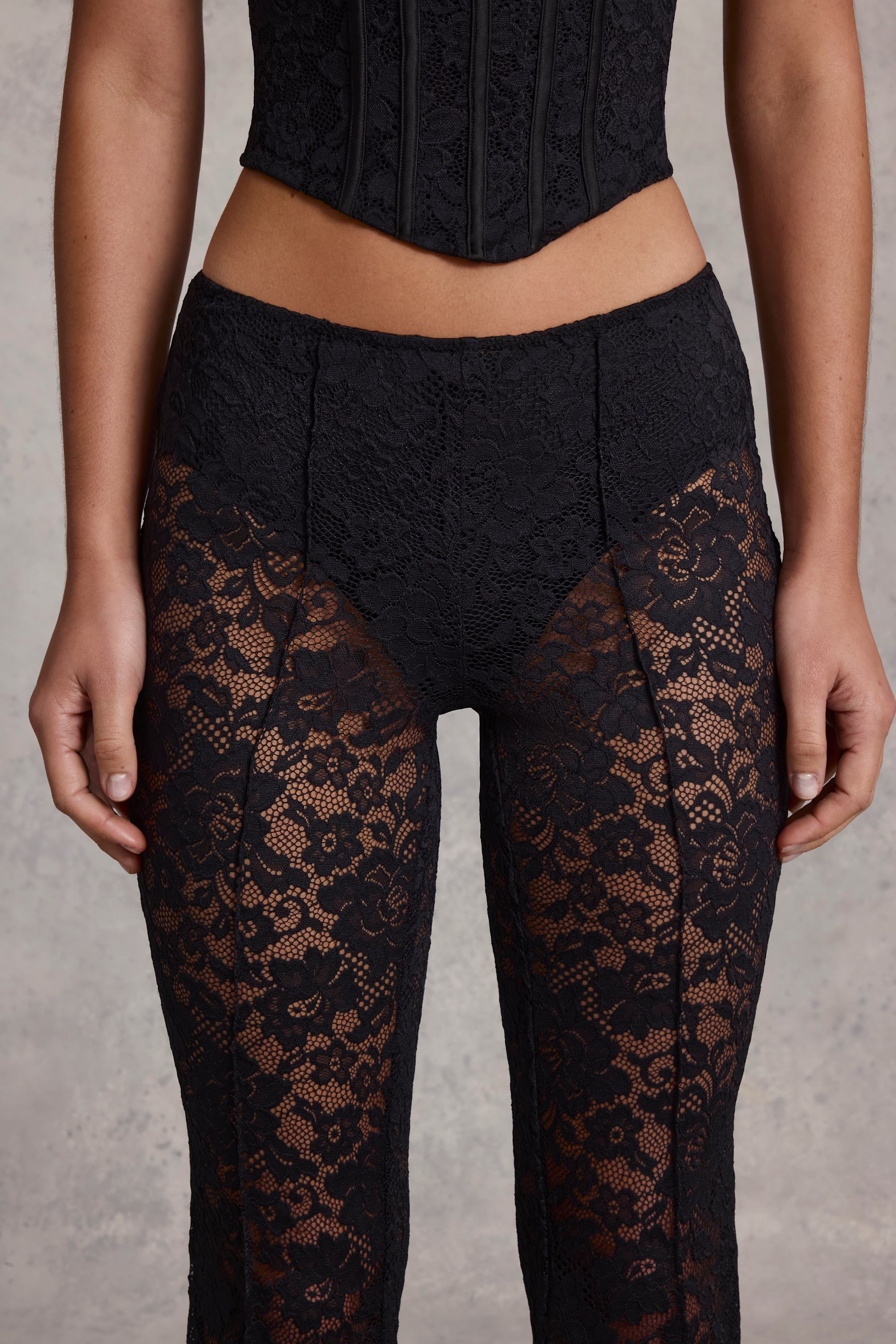 Sheer Lace Mid-Rise Flared Trousers in Black