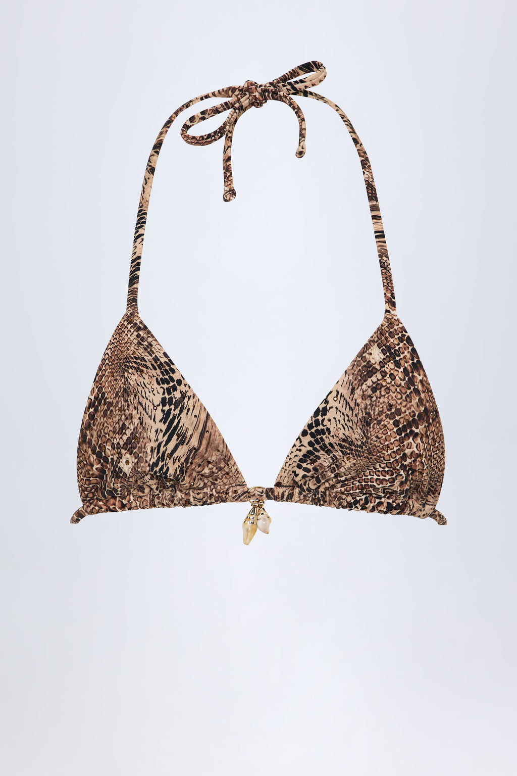 Charm-Detail Triangle Bikini Top in Snake Print