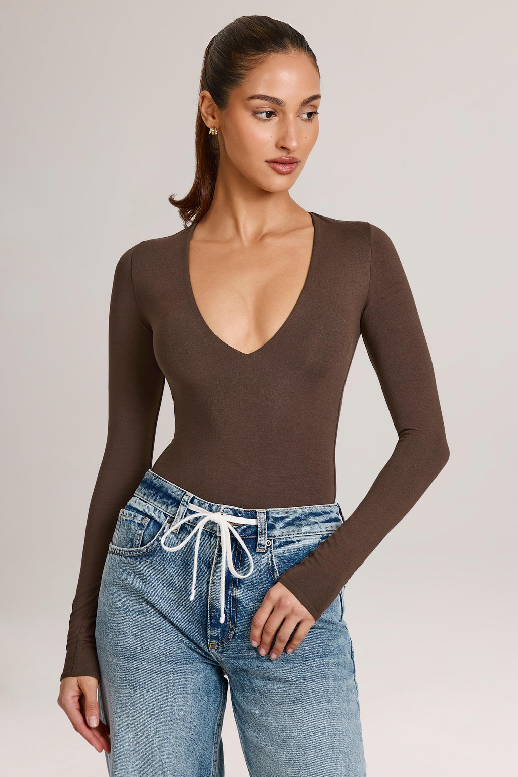 Modal Plunge Long-Sleeve Bodysuit in Chocolate Brown