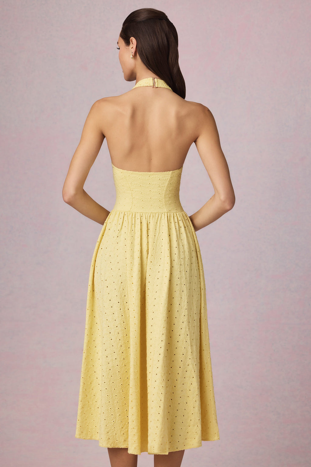 Modal Broderie Anglaise Halterneck Midaxi Dress in Lemon Yellow