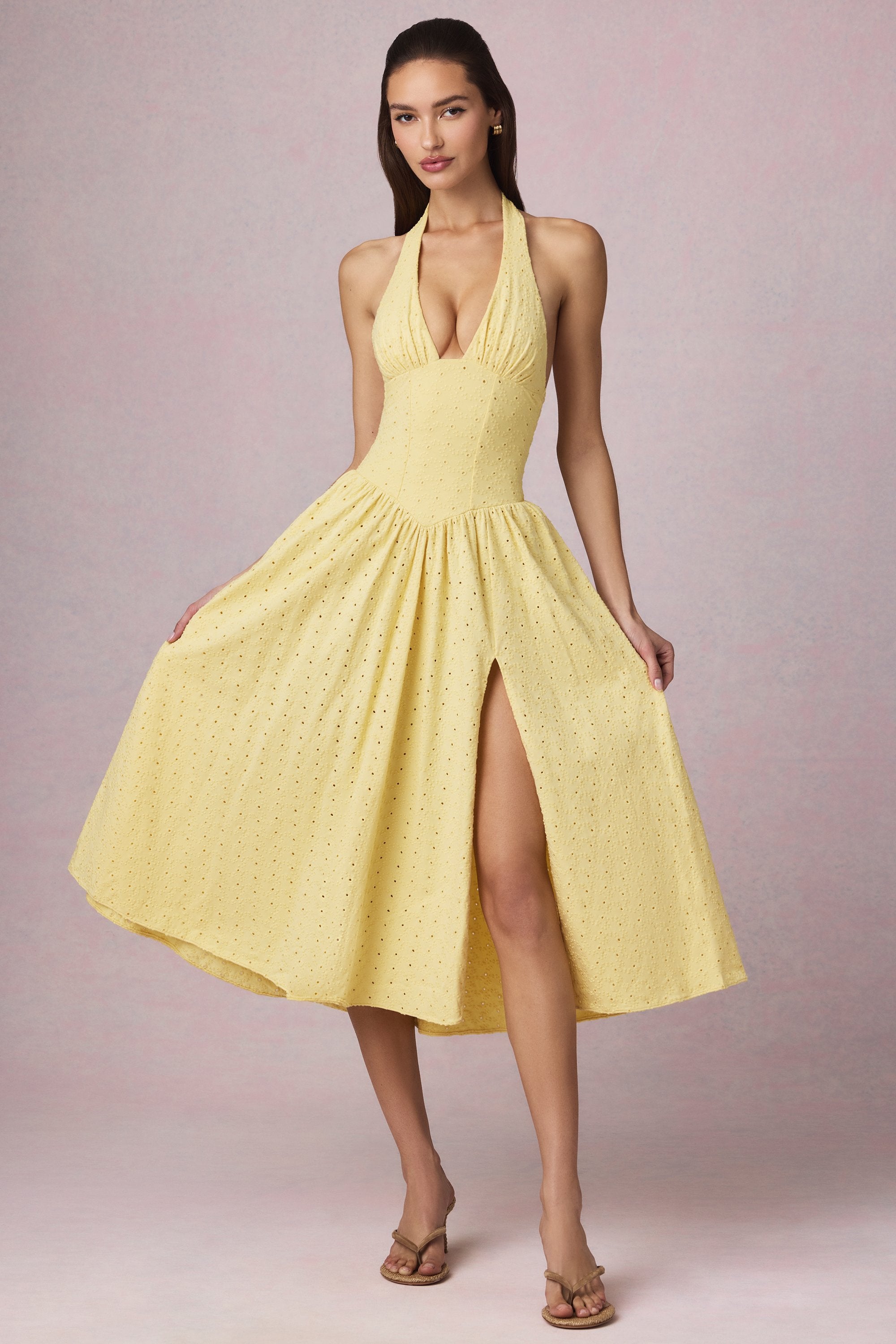 Modal Broderie Anglaise Halterneck Midaxi Dress in Lemon Yellow