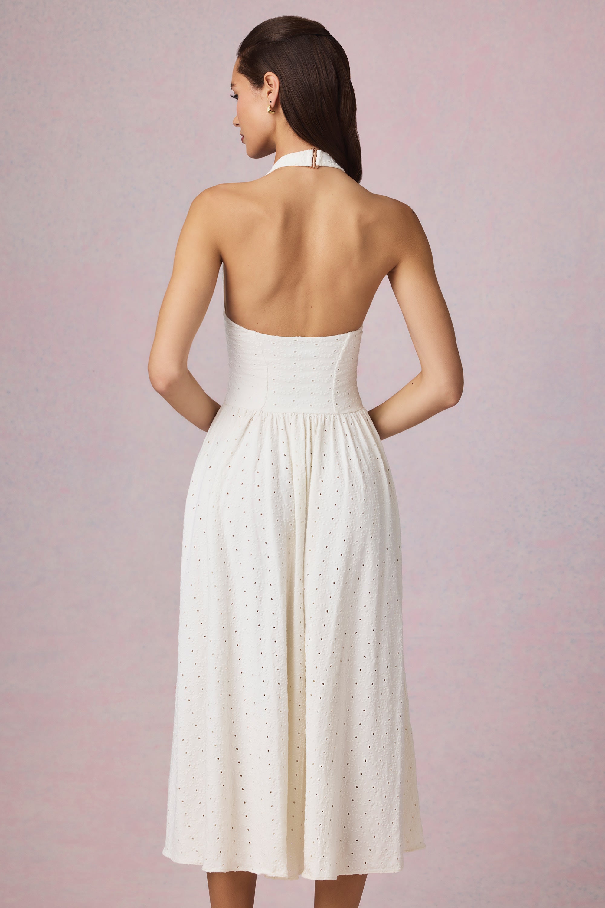 Modal Broderie Anglaise Halterneck Midaxi Dress in White