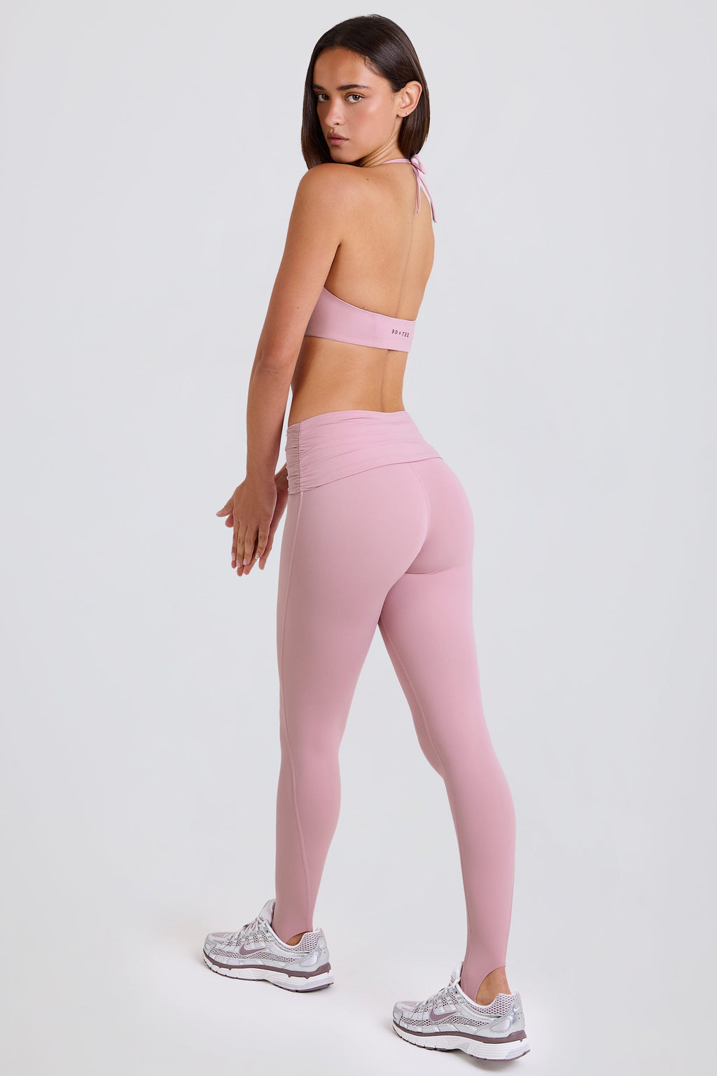 Four-Way Stretch Foldover Mid-Rise Stirrup Leggings in Mauve