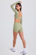 Four-Way Stretch Foldover Mid-Rise Mini Shorts in Matcha