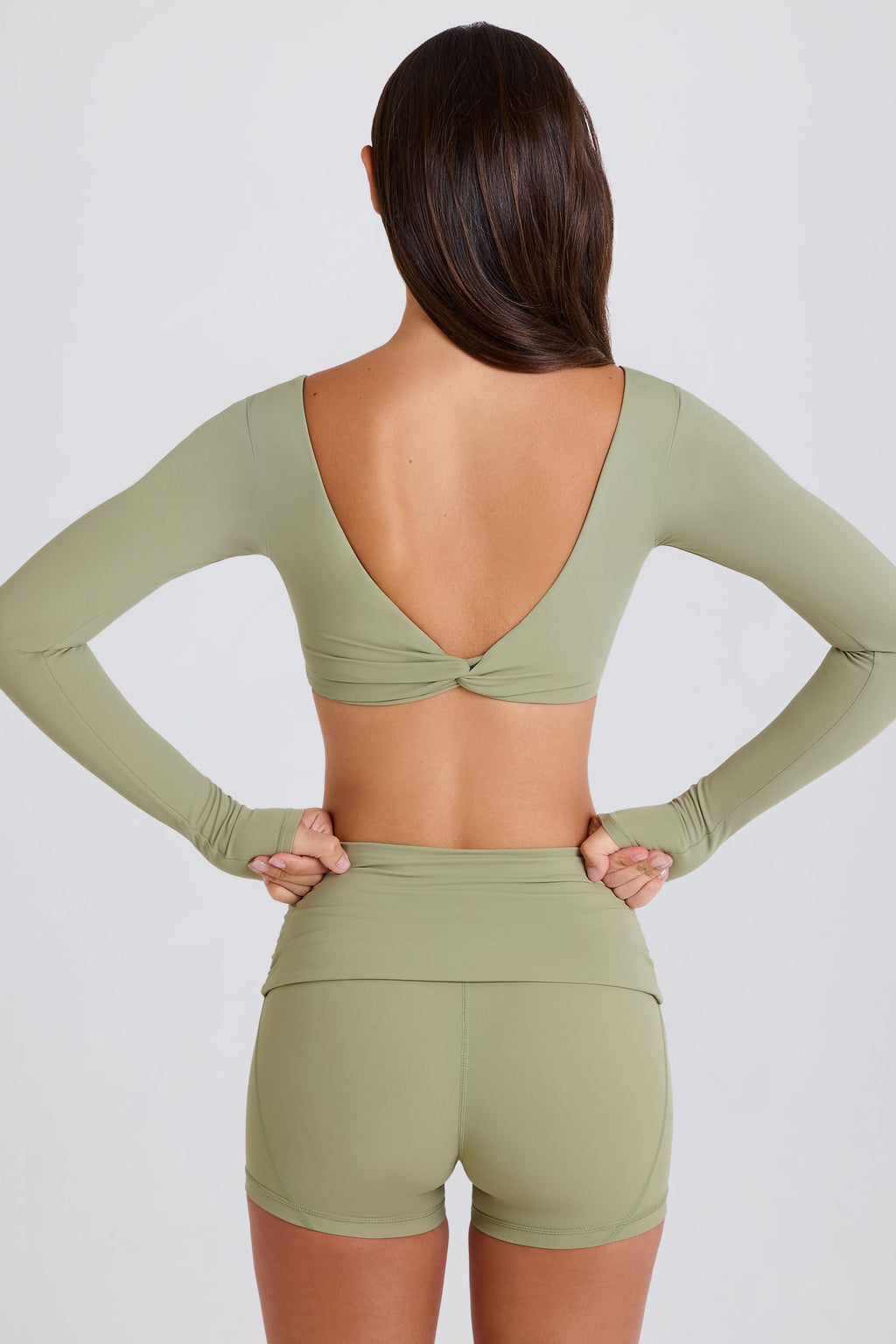 Four-Way Stretch Foldover Mid-Rise Mini Shorts in Matcha