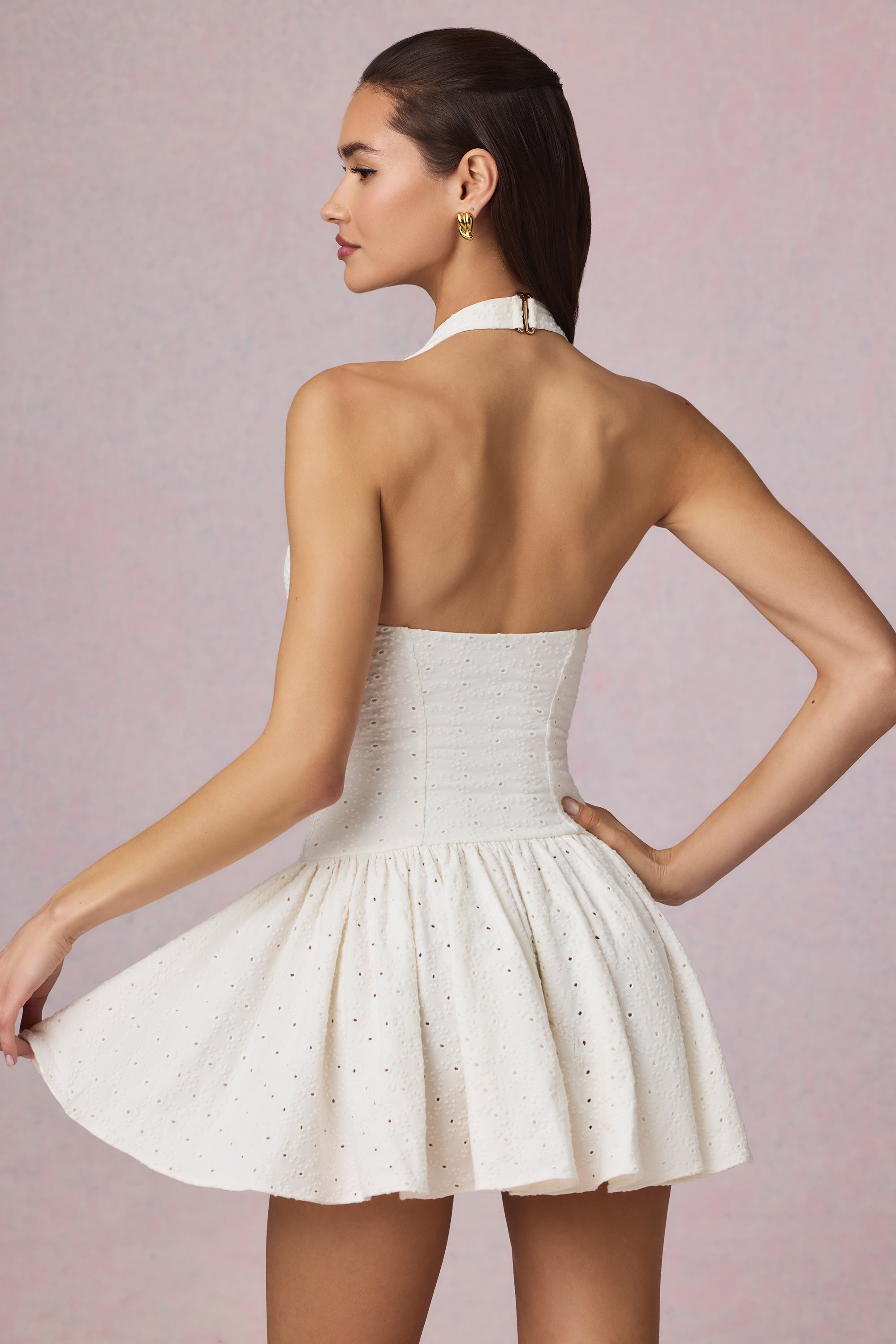Modal Broderie Anglaise Halterneck Mini Dress in White
