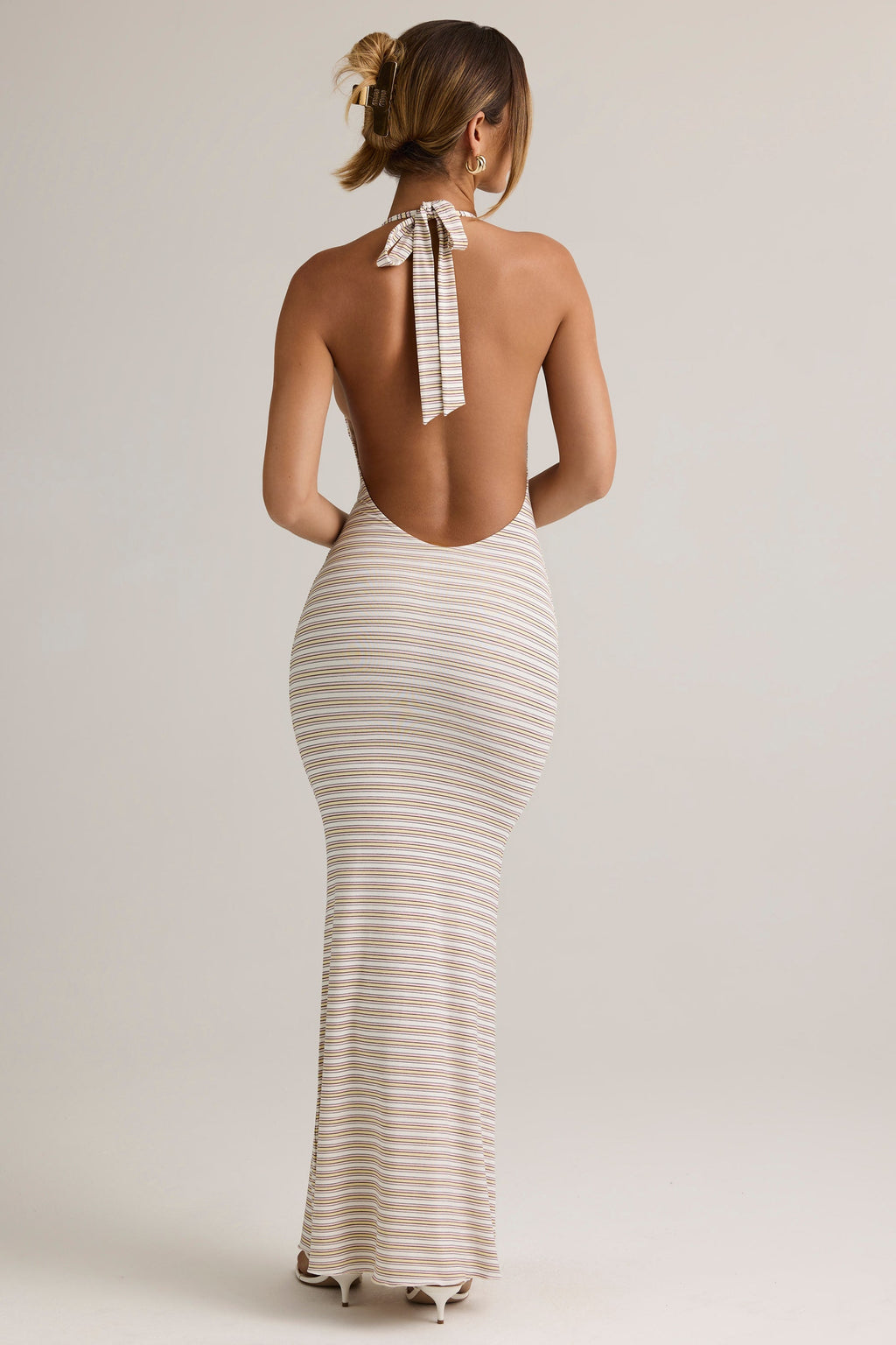 Modal Halterneck Maxi Dress in Pink Yellow Stripe