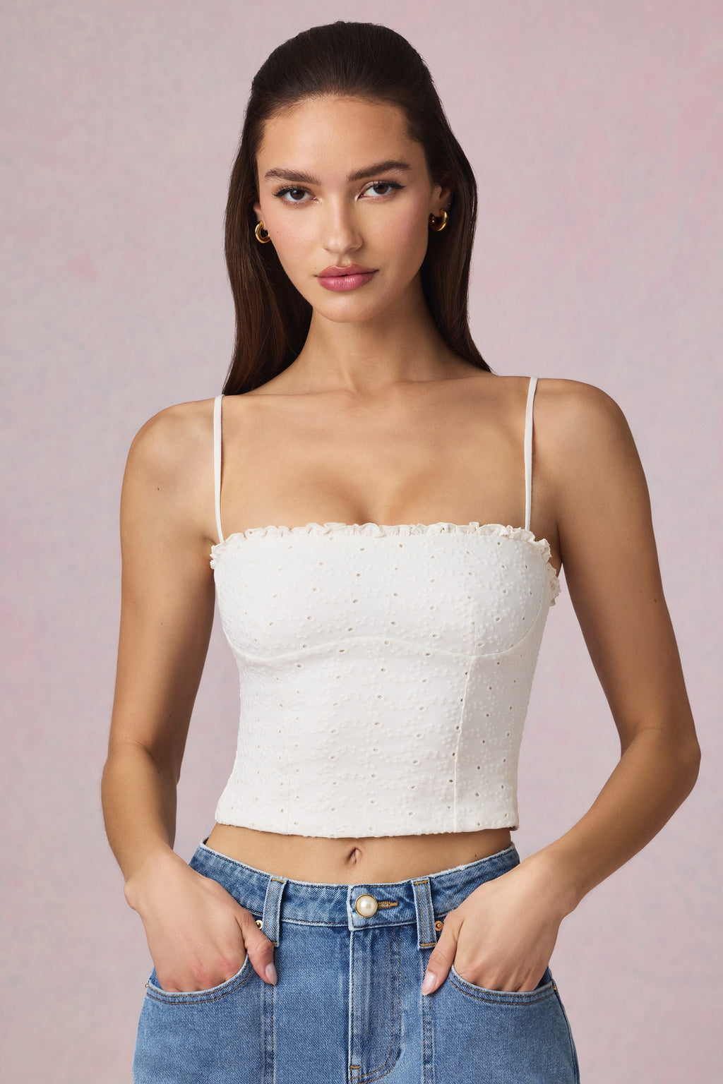 Modal Broderie Anglaise Camisole Top in White