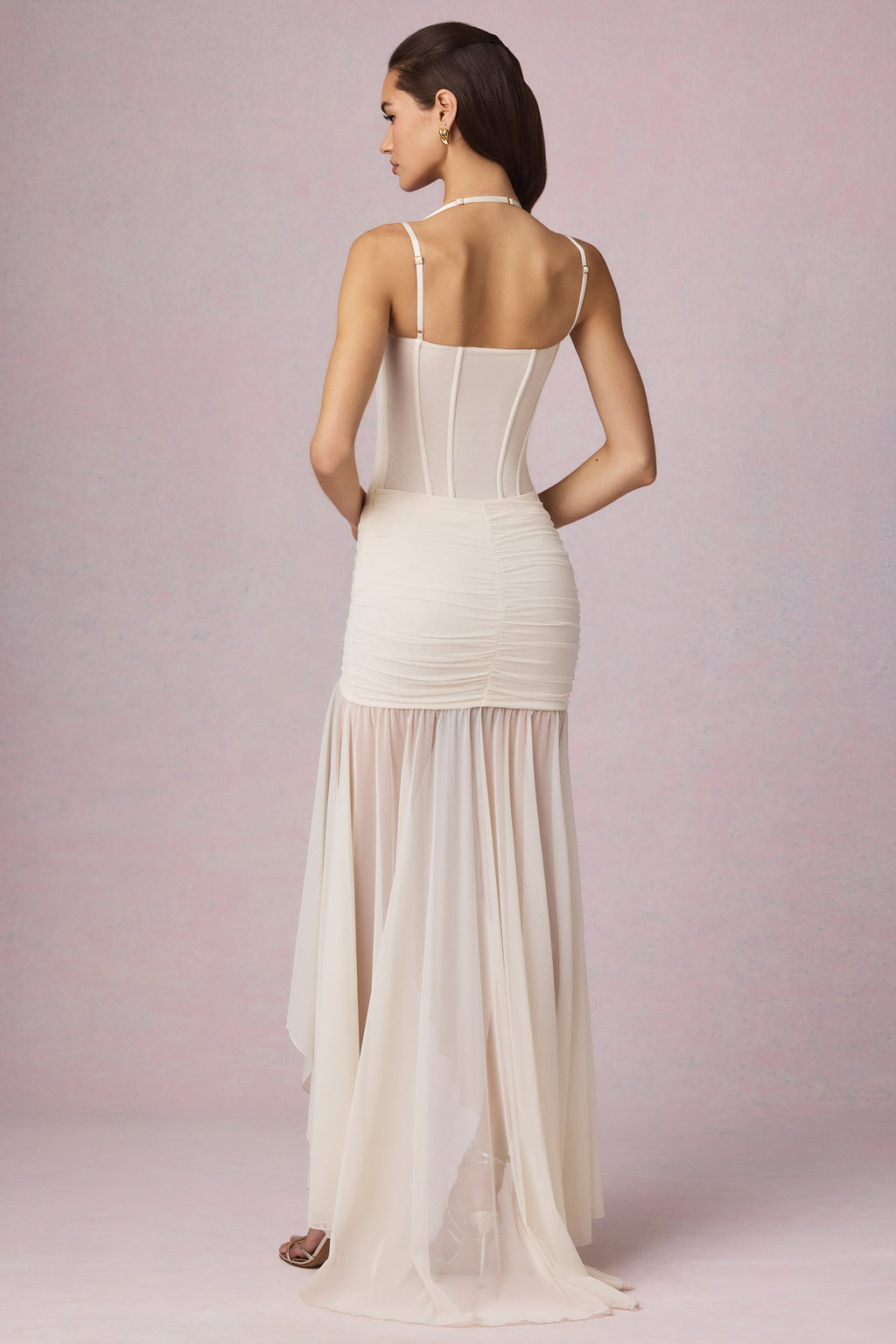 Ruched Asymmetric Corset Gown in Ivory