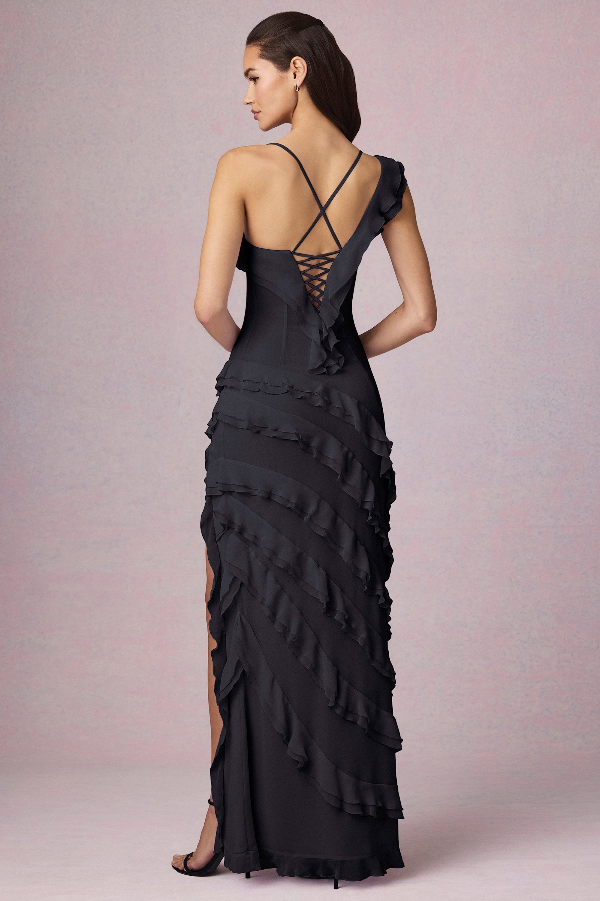Asymmetric Ruffled Lace-Up Gown in Black