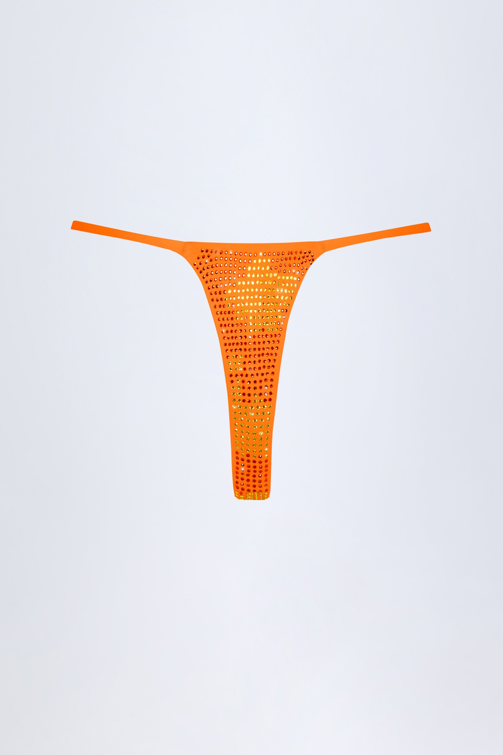Embellished Thong Bikini Bottoms in Orange Tropical Print