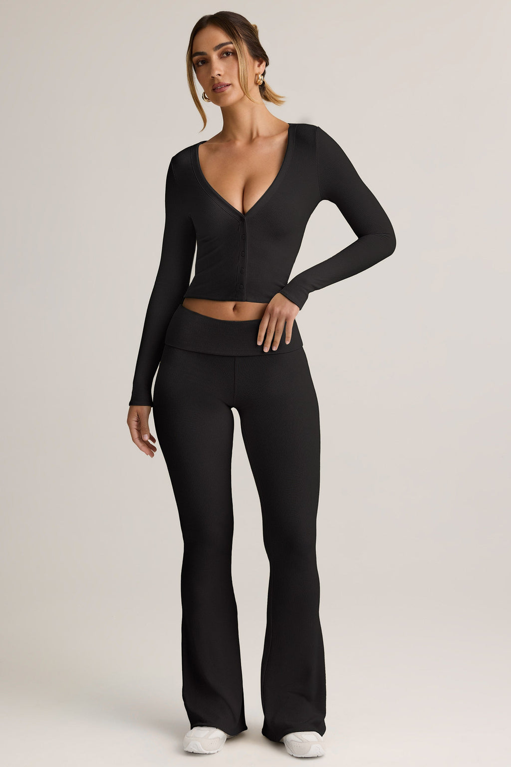 Modal Ribbed Foldover Flared Trousers in Black