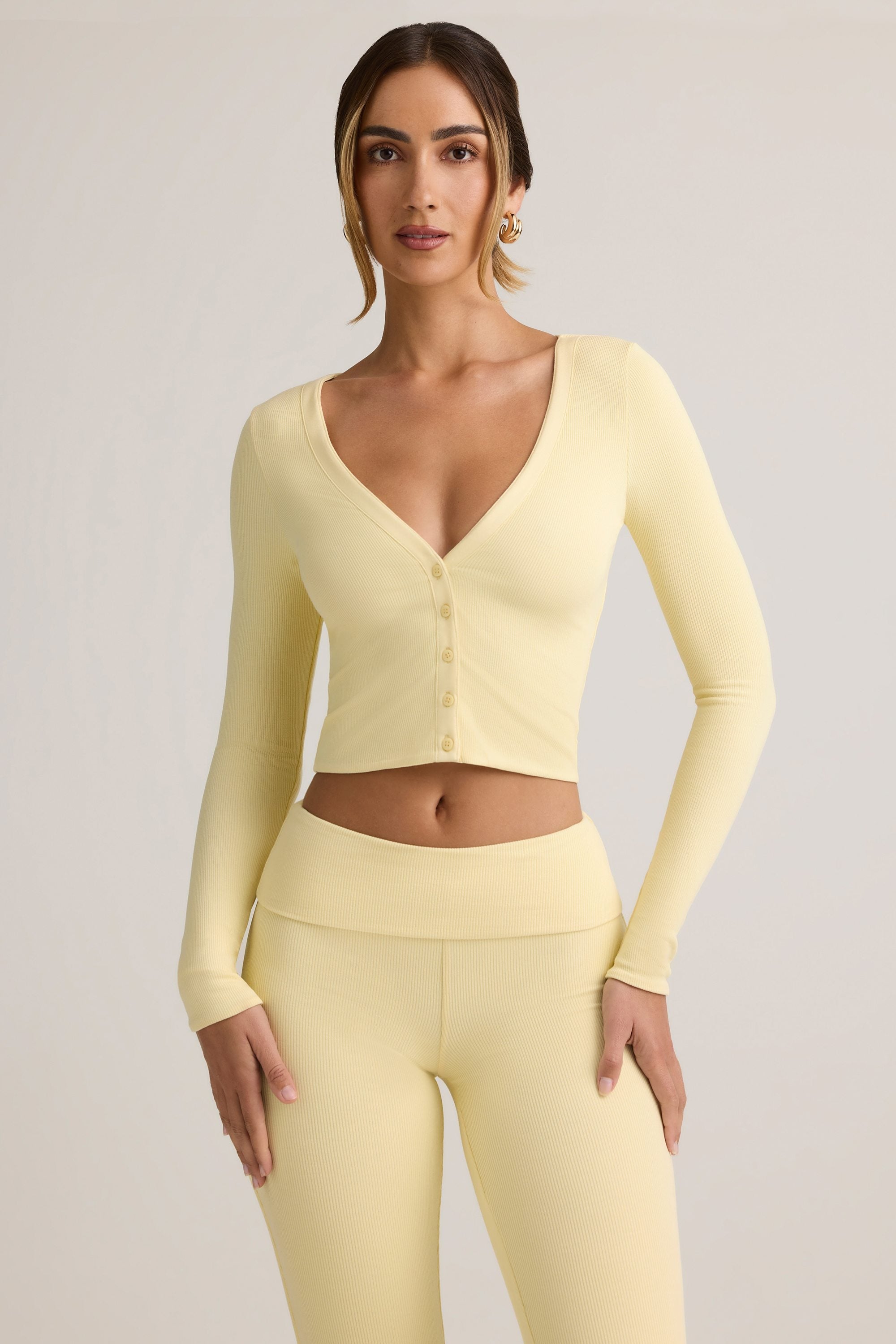 Modal Ribbed Cropped Cardigan in Buttercream Yellow